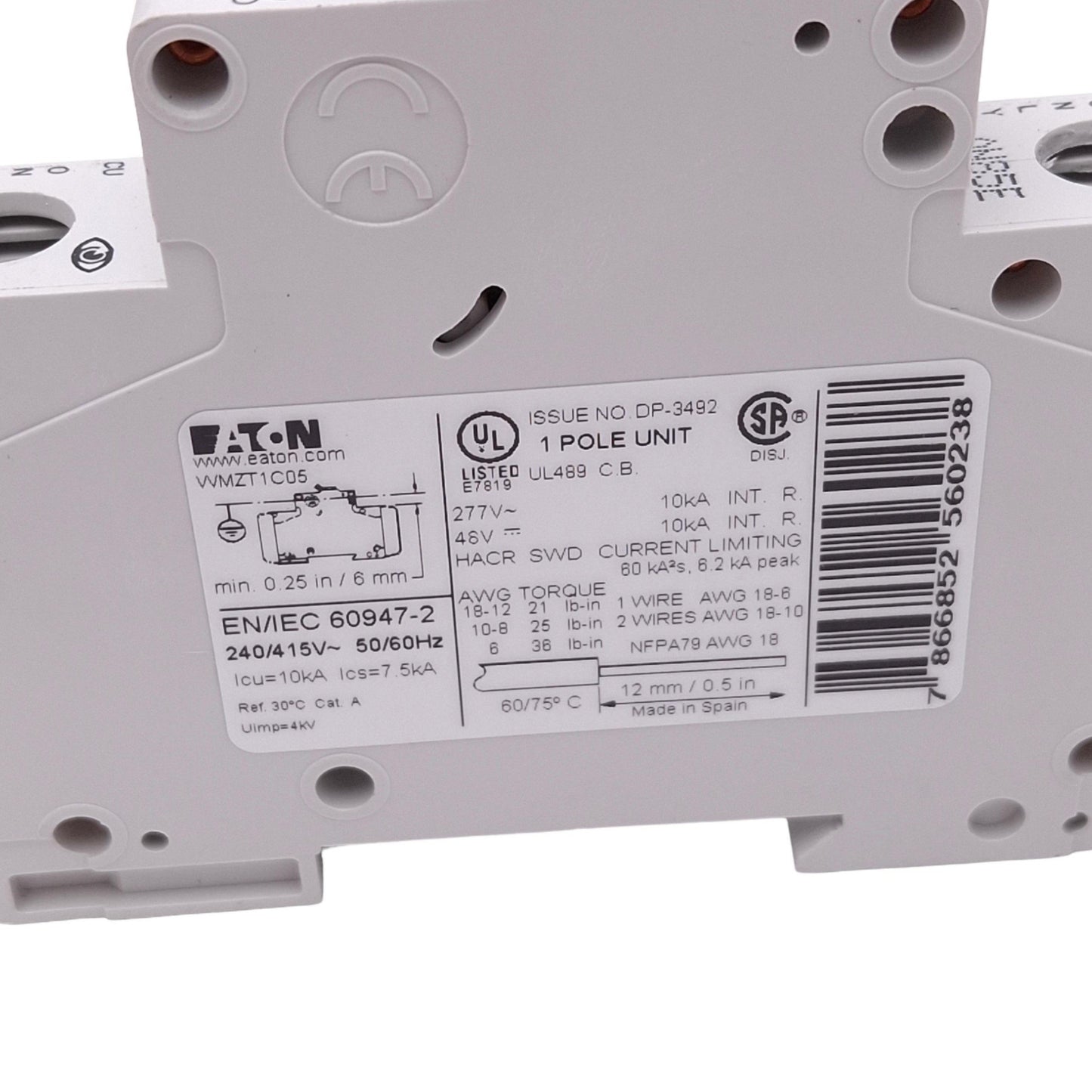 Used Eaton WMZT1C05 Circuit Breaker, 1-Pole 5A, 48VDC 277VAC Max, DIN Rail