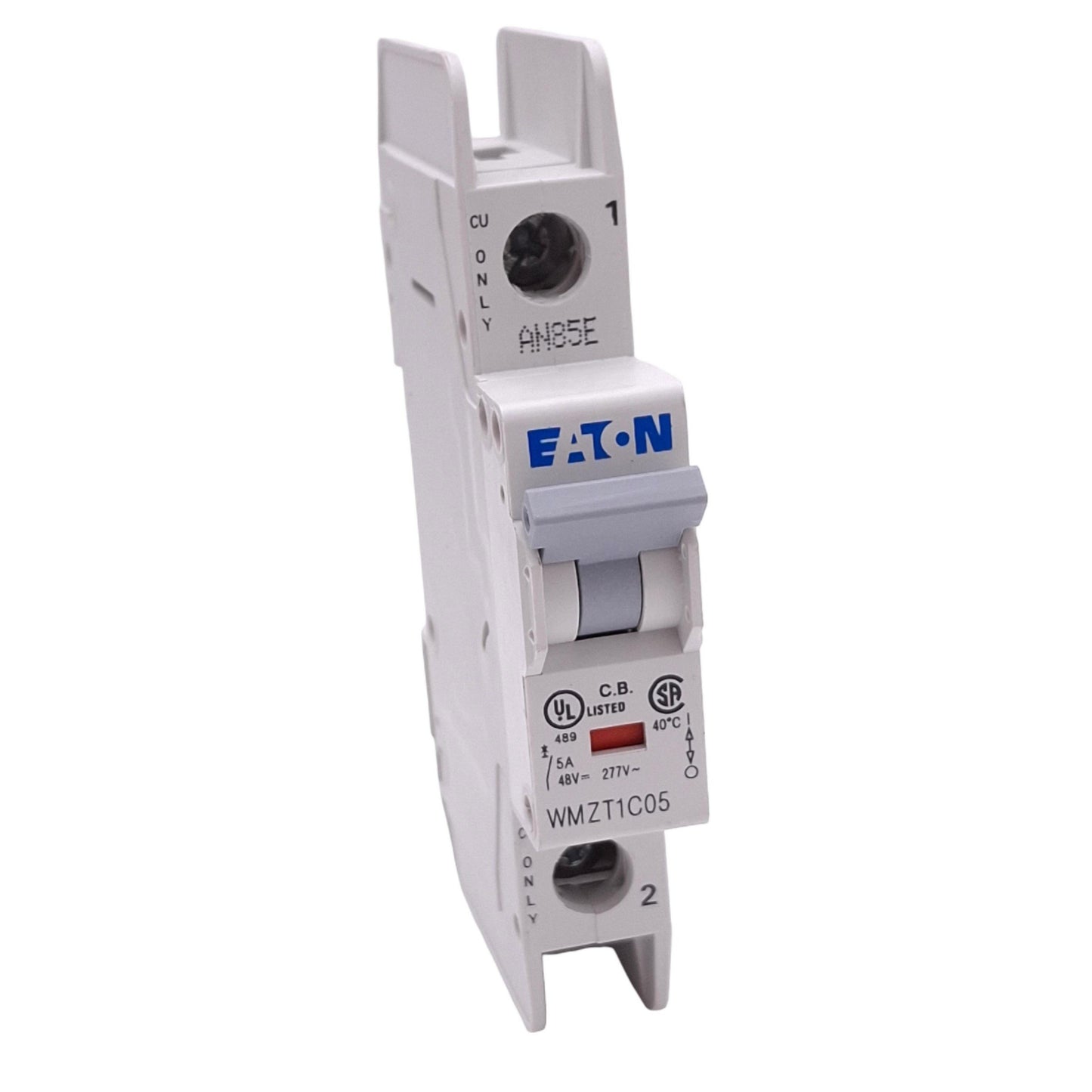 Used Eaton WMZT1C05 Circuit Breaker, 1-Pole 5A, 48VDC 277VAC Max, DIN Rail