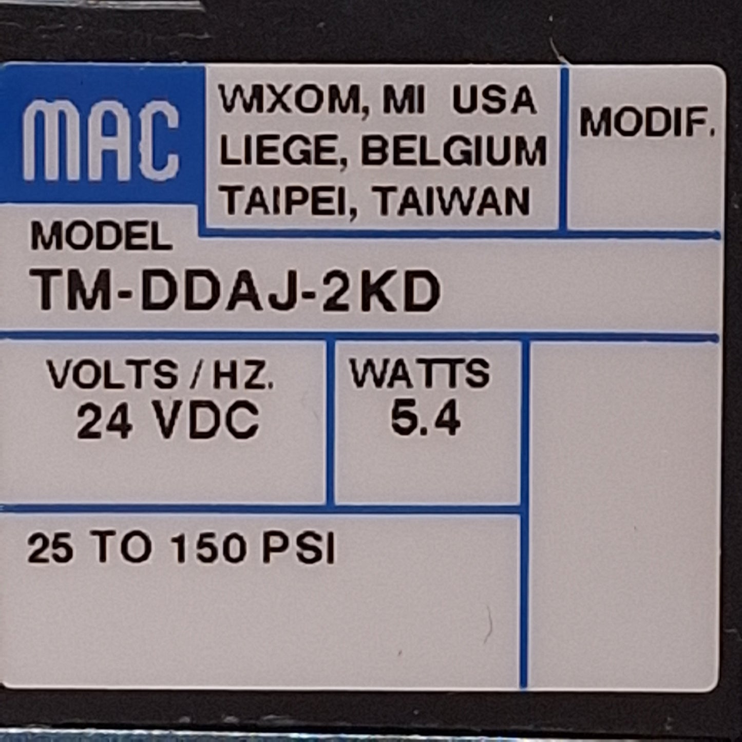 Used Mac 82A-AB-BKA-TM-DDAJ-2KD Solenoid Valve, 25-150psi, 1/4in NPTF, 24VDC Coil