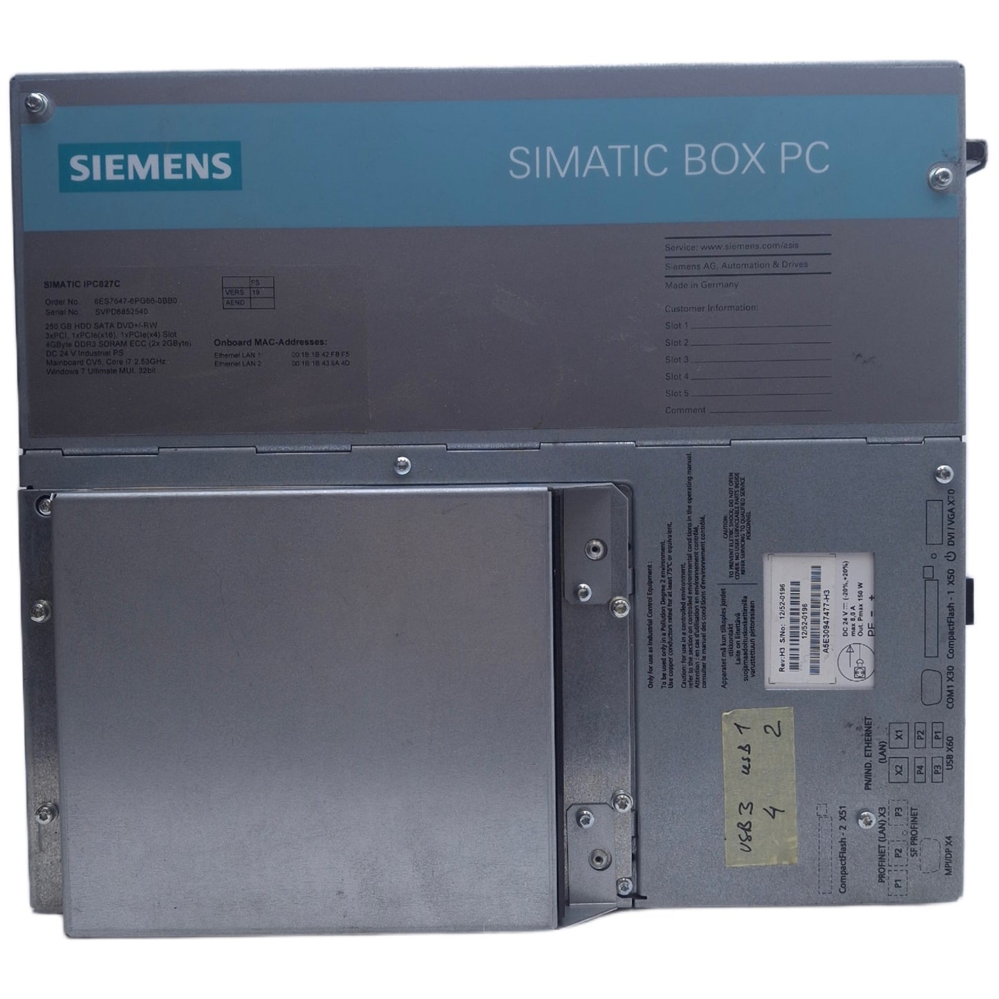 Used Siemens Simatic IPC827C Industrial PC i7 2.53GHz, (2x) 2GB DDR3 SDRAM, 24VDC