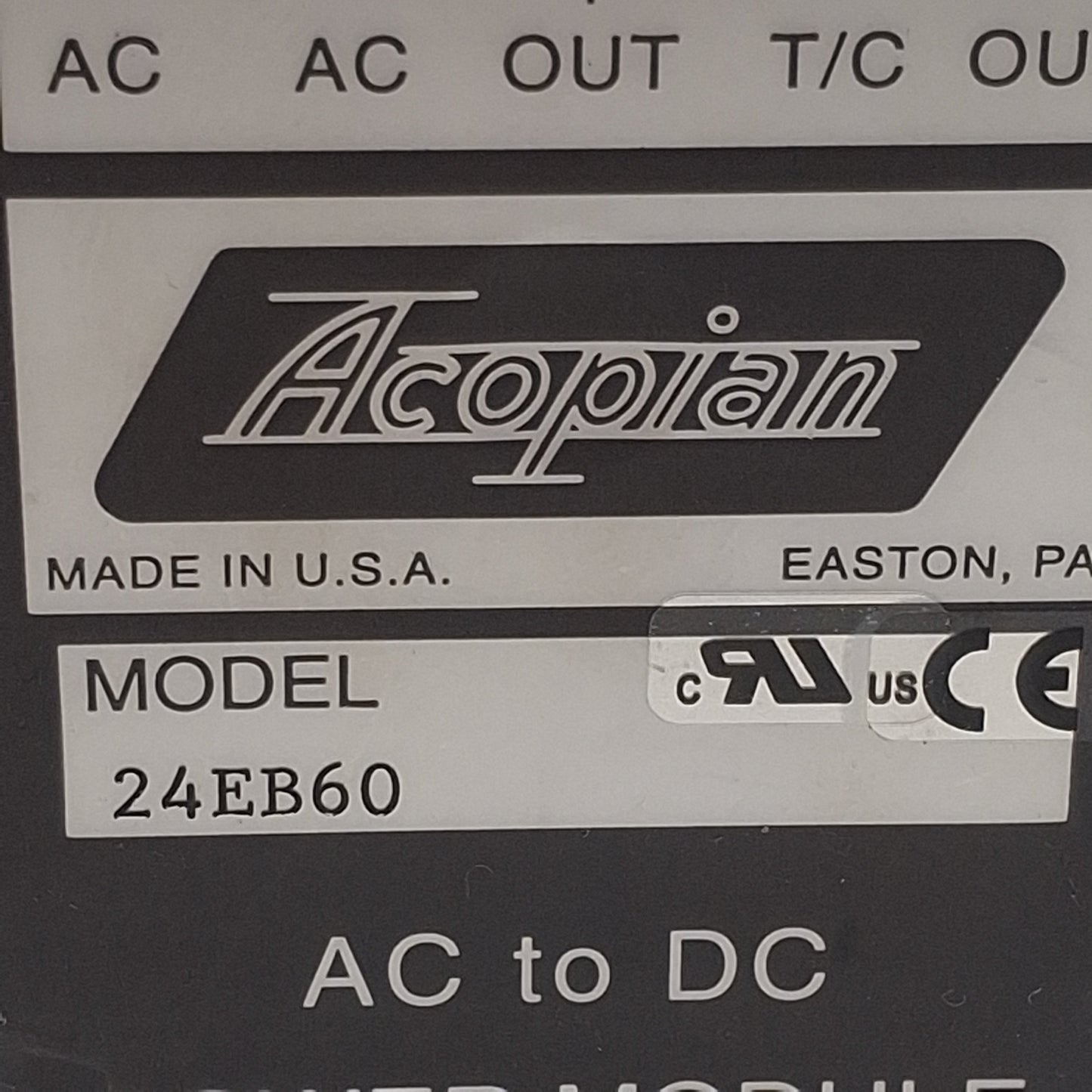 Used Acopian 24EB60 AC to DC Power Module, 105-125VAC In, 0.6A 24VDC Out, DIN Rail