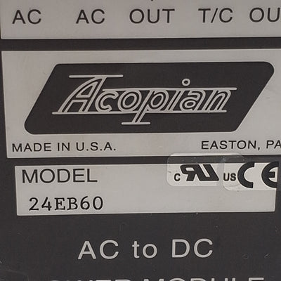 Used Acopian 24EB60 AC to DC Power Module, 105-125VAC In, 0.6A 24VDC Out, DIN Rail