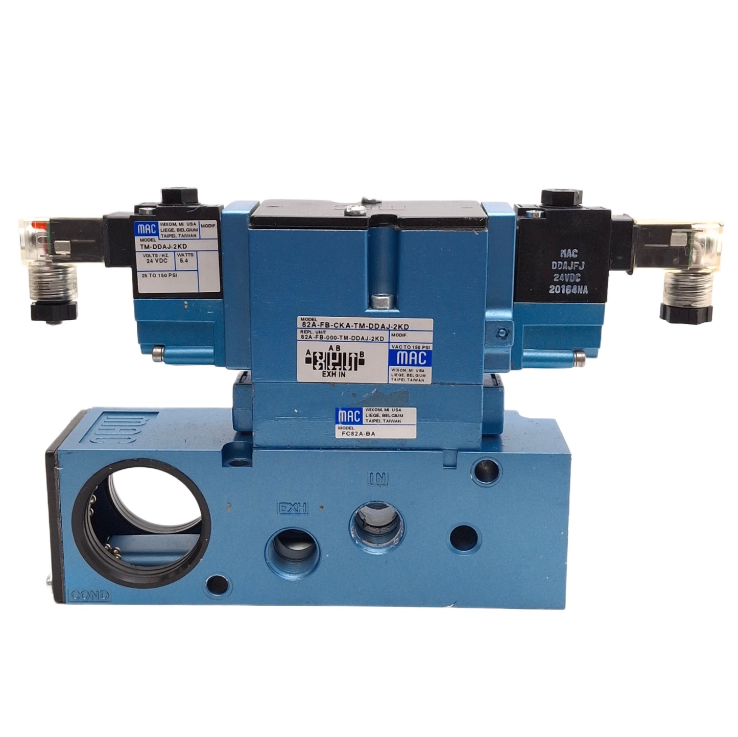 Used Mac 82A-FB-CKA-TM-DDAJ-2KD Dual Solenoid Valve w/ Flow Control 3/8in NPTF, 24VDC