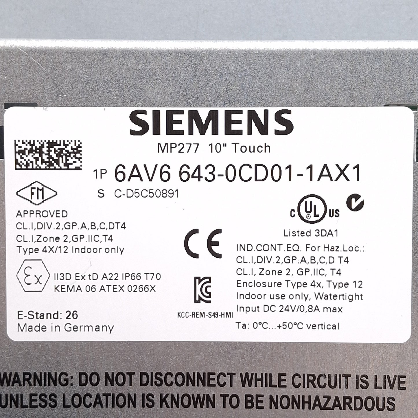 Used Siemens 6AV6 643-0CD01-1AX1 MP277 Simatic Multi Panel Touch HMI, 10.4in, 24VDC
