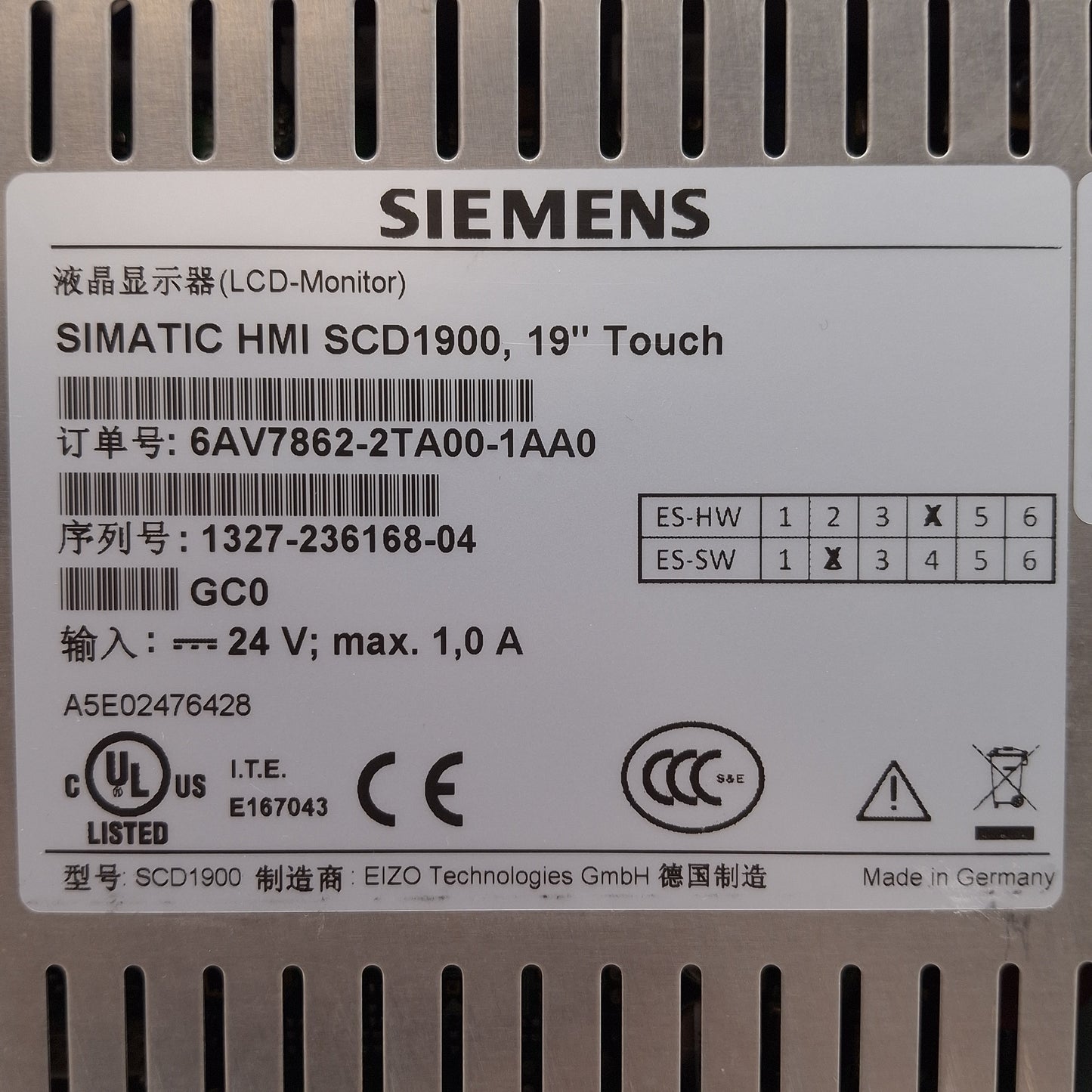 Used Siemens 6AV7862-2TA00-1AA0 SIMATIC HMI SCD1900 Touchscreen LCD Monitor 19in