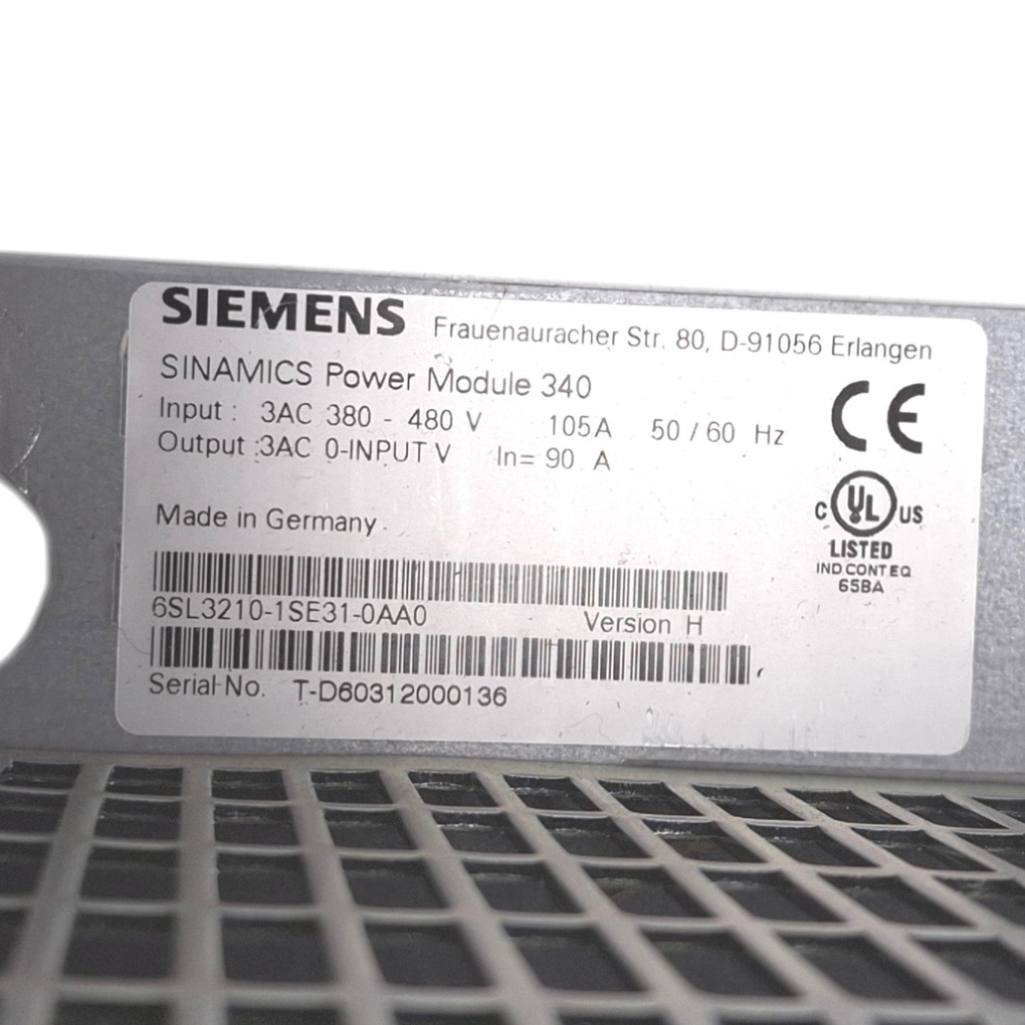Used Siemens 6SL3210-1SE31-0AA0 SINAMICS Power Module 340, 3ph 0-480VAC 90A, 45kW Max