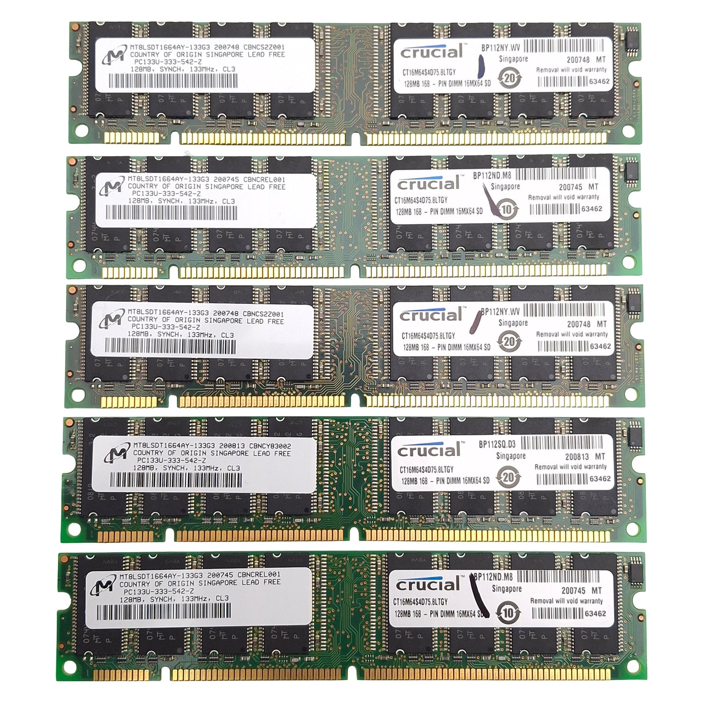 Used Lot of 5 Crucial Micron CT16M64S4D75.8LTGY SDRAM Card, 128MB, 133MHz, CL3