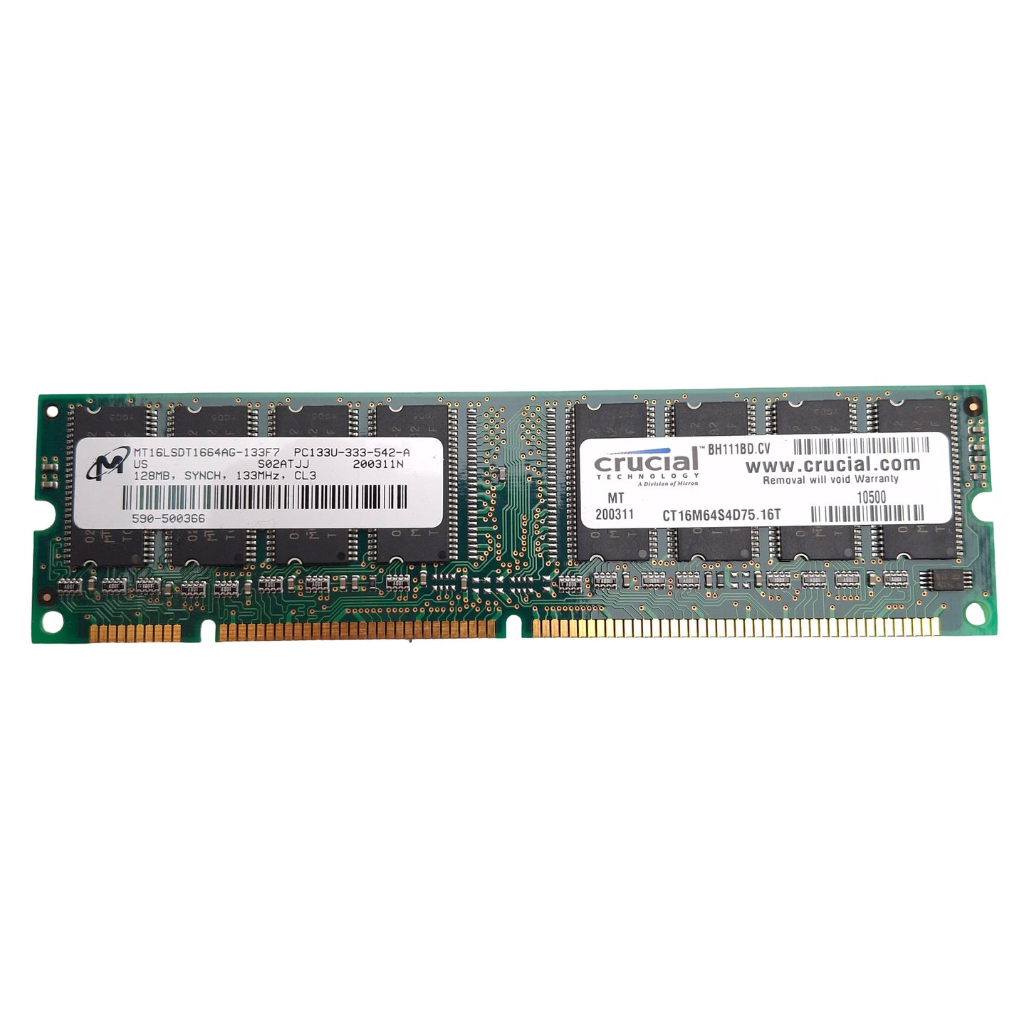 Used Lot of 5 Crucial Micron CT16M64S4D75.16T SDRAM Card, 128MB, 133MHz, CL3, DIMM
