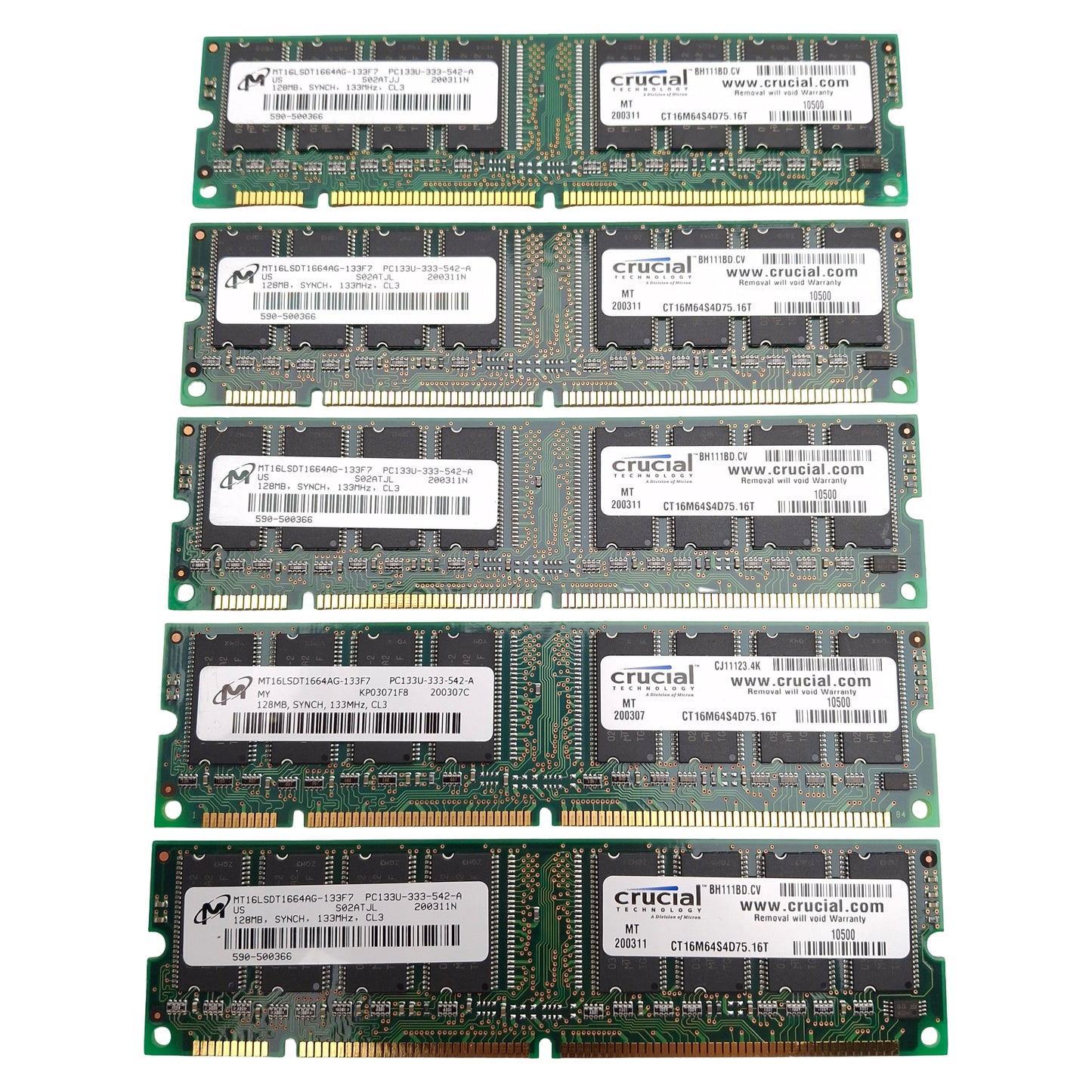 Used Lot of 5 Crucial Micron CT16M64S4D75.16T SDRAM Card, 128MB, 133MHz, CL3, DIMM