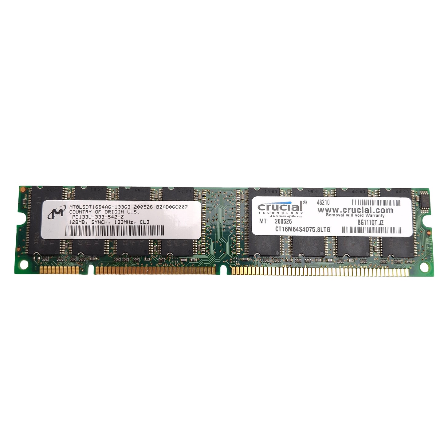 Used Lot of 5 Crucial Micron CT16M64S4D75.8LTG SDRAM Card, 128MB, 133MHz, CL3, DIMM