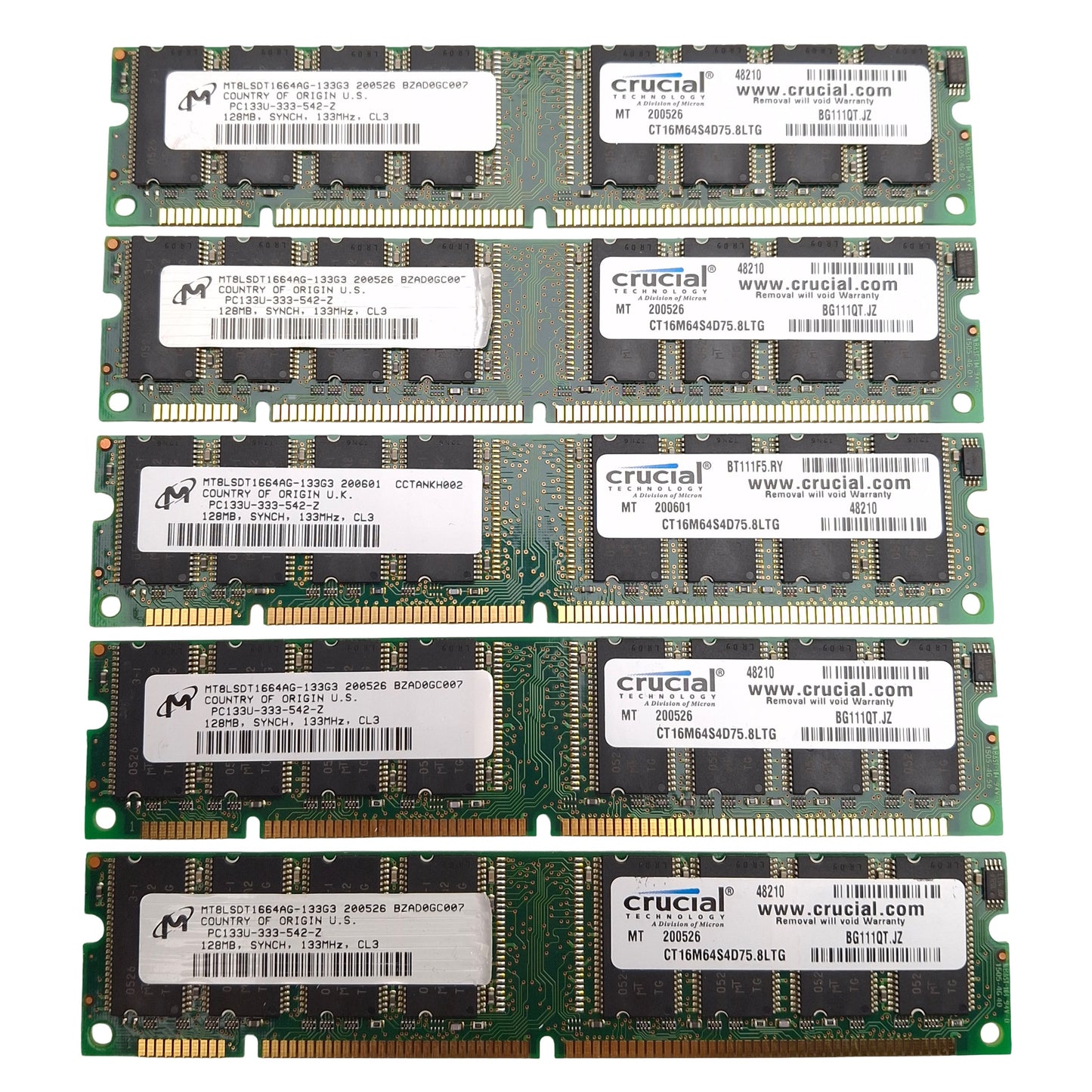 Used Lot of 5 Crucial Micron CT16M64S4D75.8LTG SDRAM Card, 128MB, 133MHz, CL3, DIMM