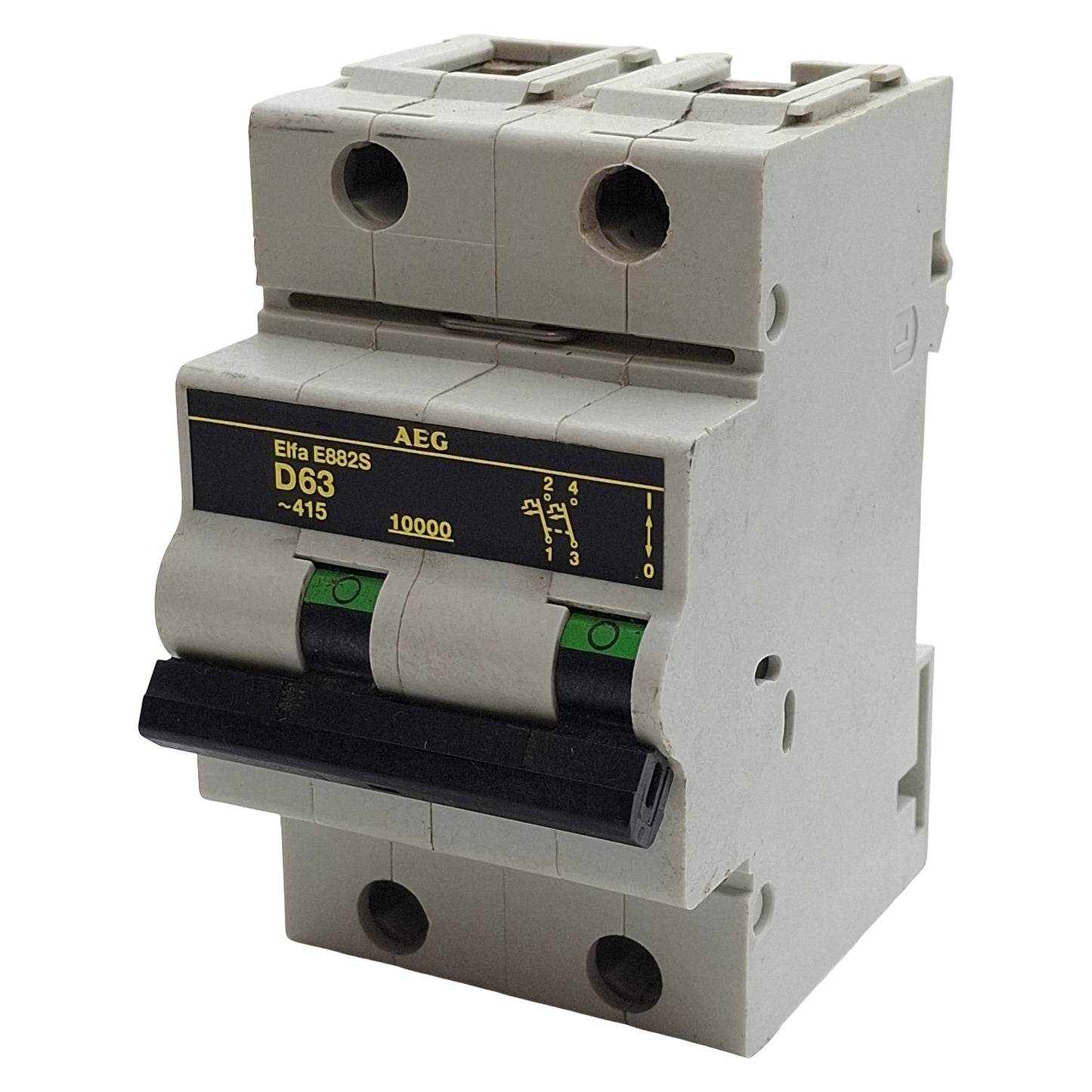 Used AEG Elfa E882S D63 Circuit Breaker, 2-Pole, D-Curve, 63A 415VAC, DIN Rail