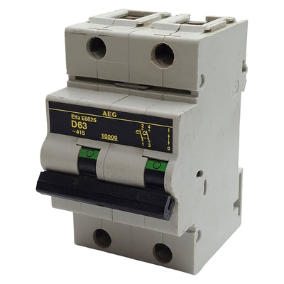 Used AEG Elfa E882S D63 Circuit Breaker, 2-Pole, D-Curve, 63A 415VAC, DIN Rail