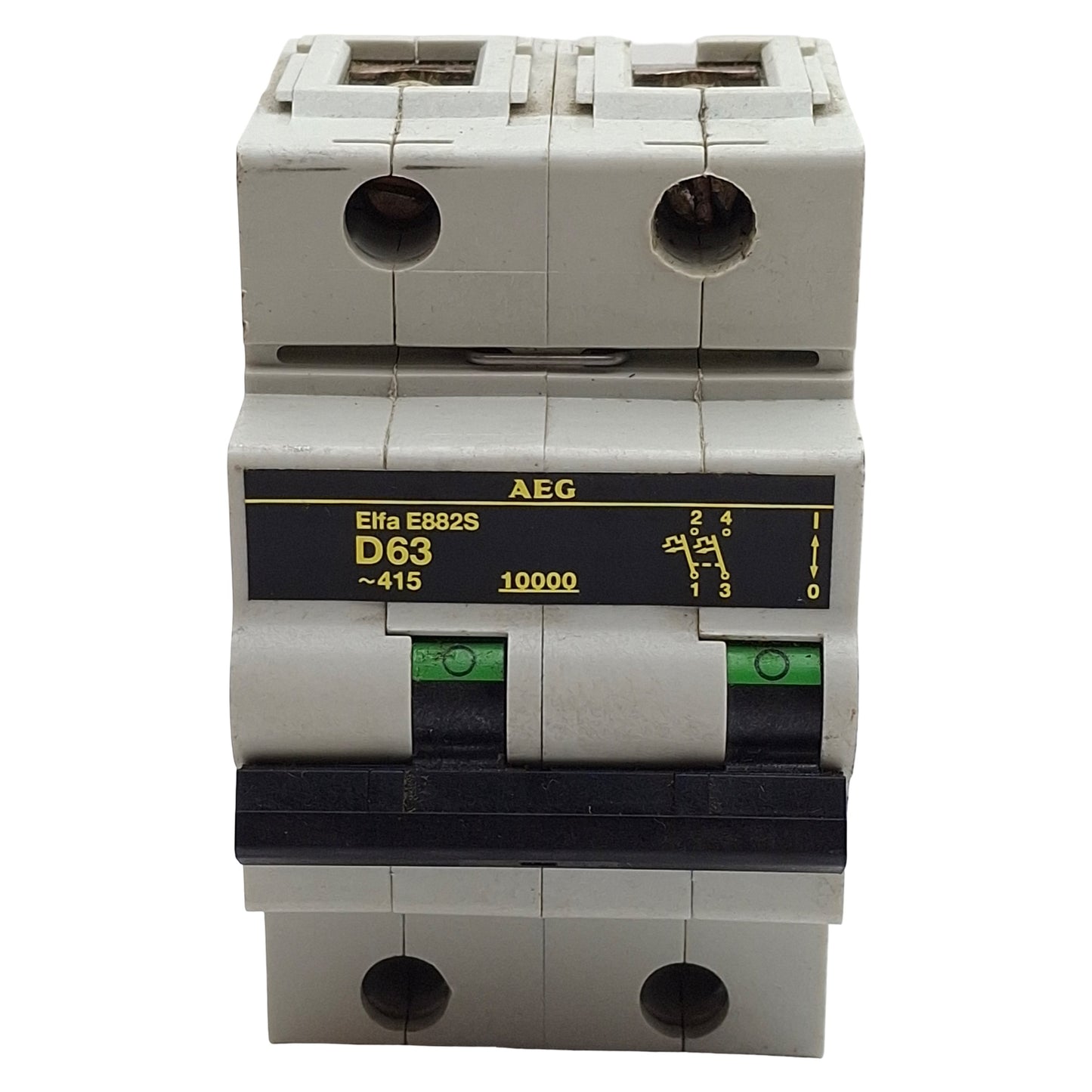 Used AEG Elfa E882S D63 Circuit Breaker, 2-Pole, D-Curve, 63A 415VAC, DIN Rail