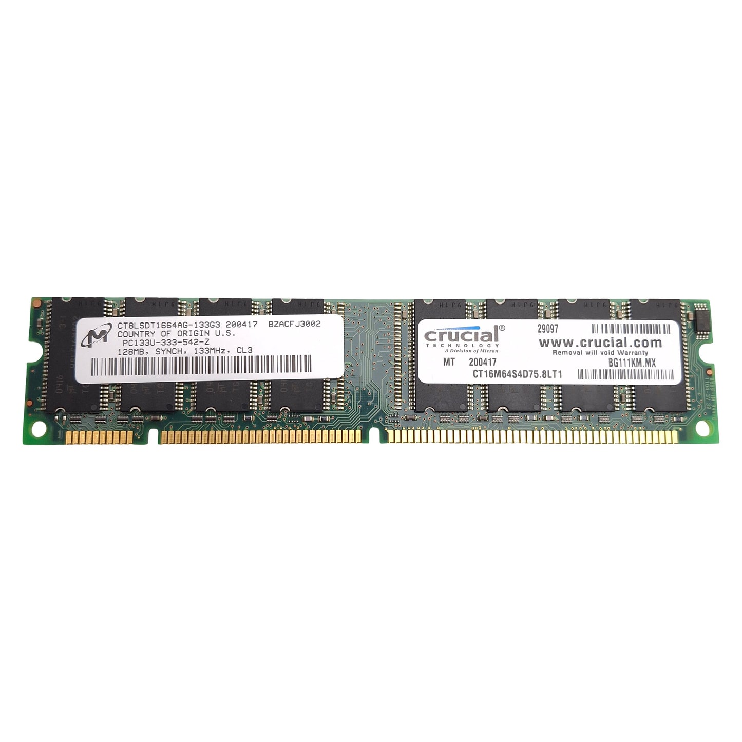 Used Lot of 6 Crucial Micron CT16M64S4D75.8LT1 SDRAM Card, 128MB, 133MHz, CL3, DIMM