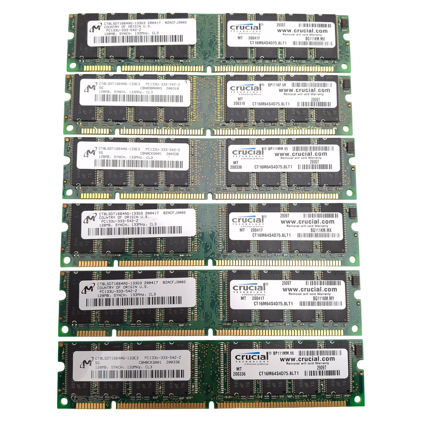 Used Lot of 6 Crucial Micron CT16M64S4D75.8LT1 SDRAM Card, 128MB, 133MHz, CL3, DIMM