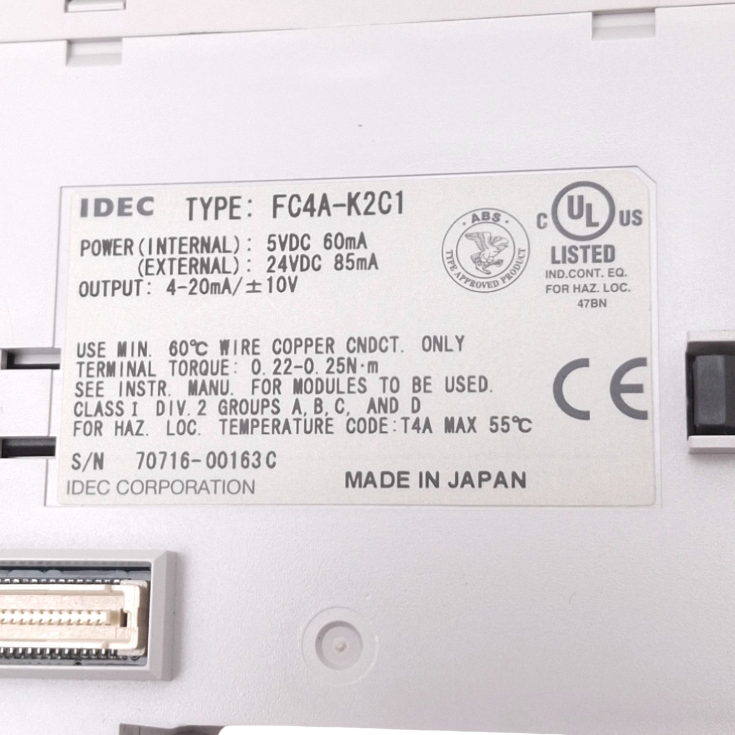 Used IDEC FC4A-K2C1 Analog Output Module for MicroSmart PLC, 2-Channel, 10VDC 4-20mA