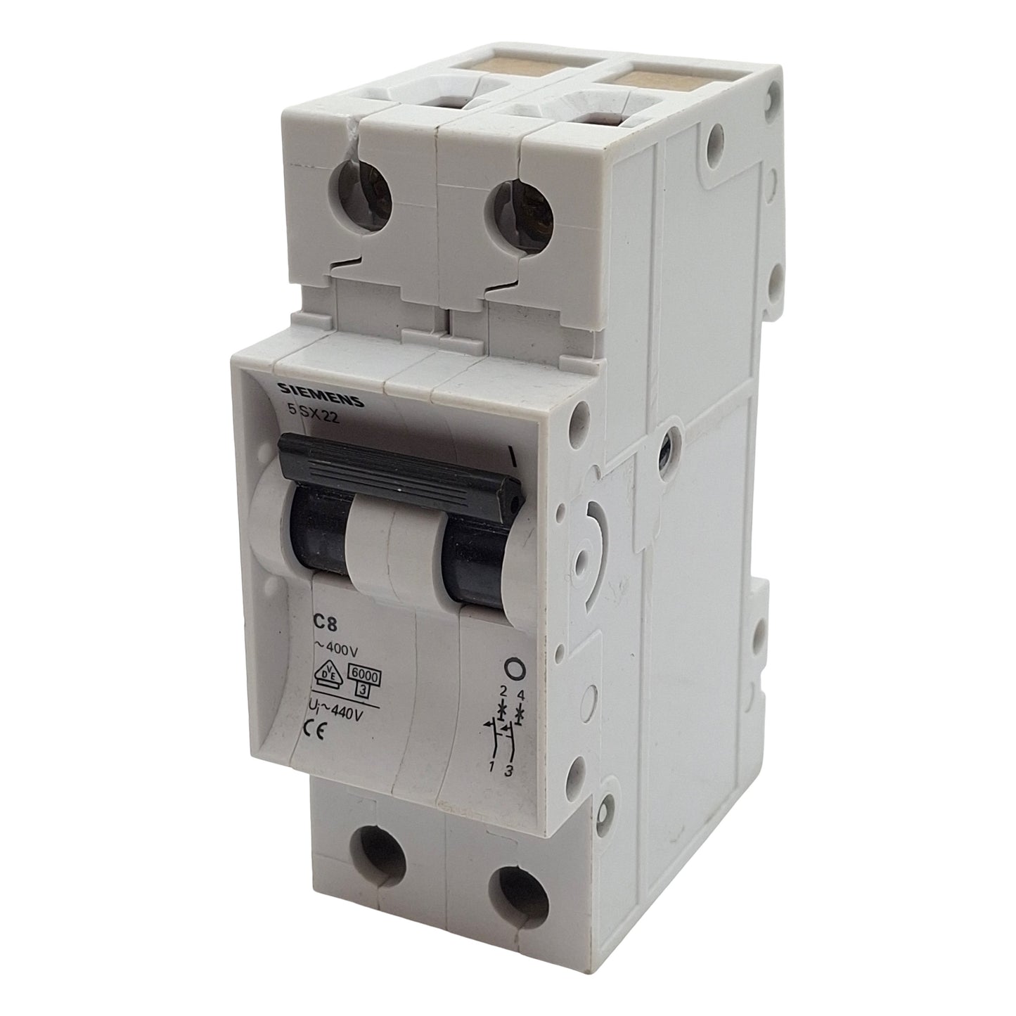 Used Siemens 5SX22 C8 Circuit Breaker, 2-Pole, C-Curve, 8A 480VAC, DIN Rail