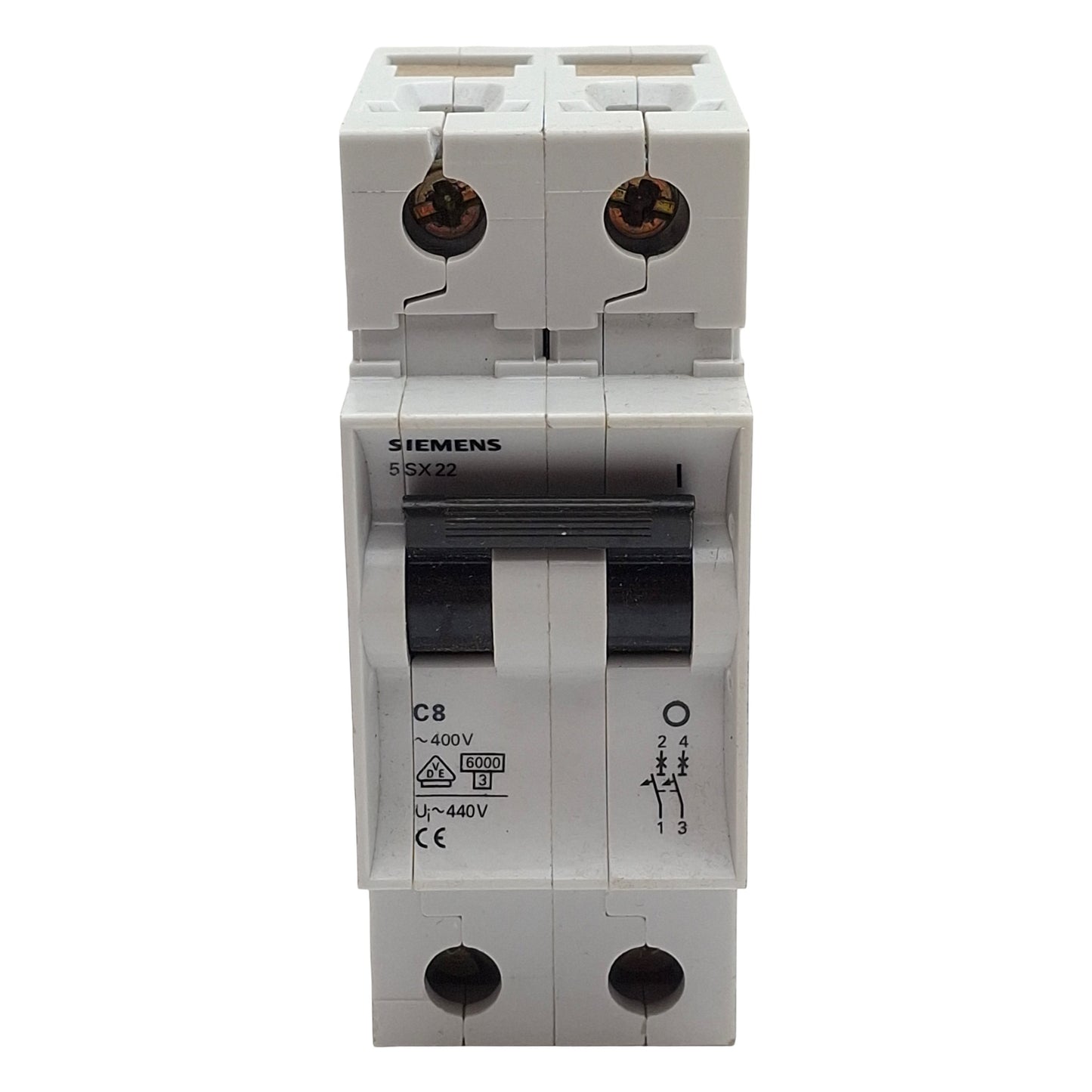 Used Siemens 5SX22 C8 Circuit Breaker, 2-Pole, C-Curve, 8A 480VAC, DIN Rail