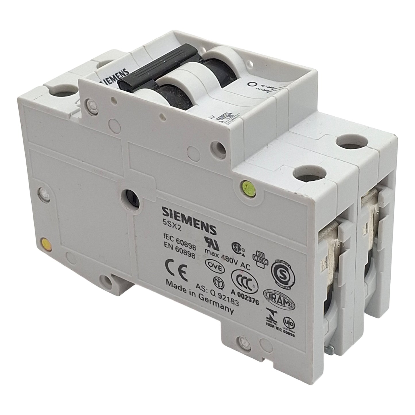 Used Siemens 5SX22 C8 Circuit Breaker, 2-Pole, C-Curve, 8A 480VAC, DIN Rail