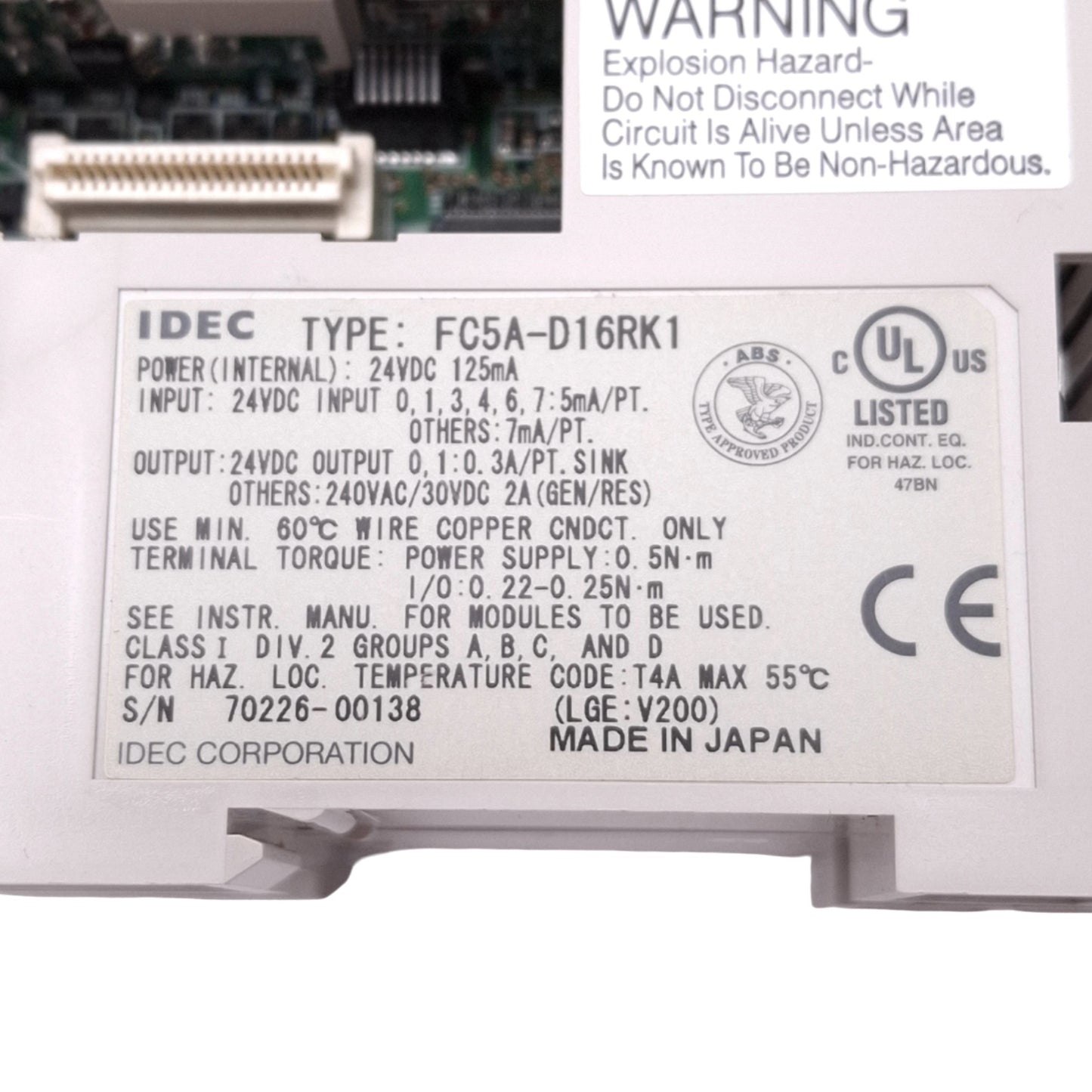 Used IDEC FC5A-D16RK1 MicroSmart Pentra CPU Module, 16I/O, RS232/485, 24VDC