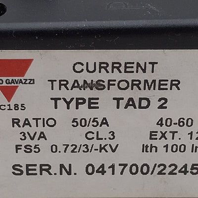 Used Carlo Gavazzi TAD250A5A AC Current Transformer, 1-Phase, 50:5A Ratio, 0.72/3-kV