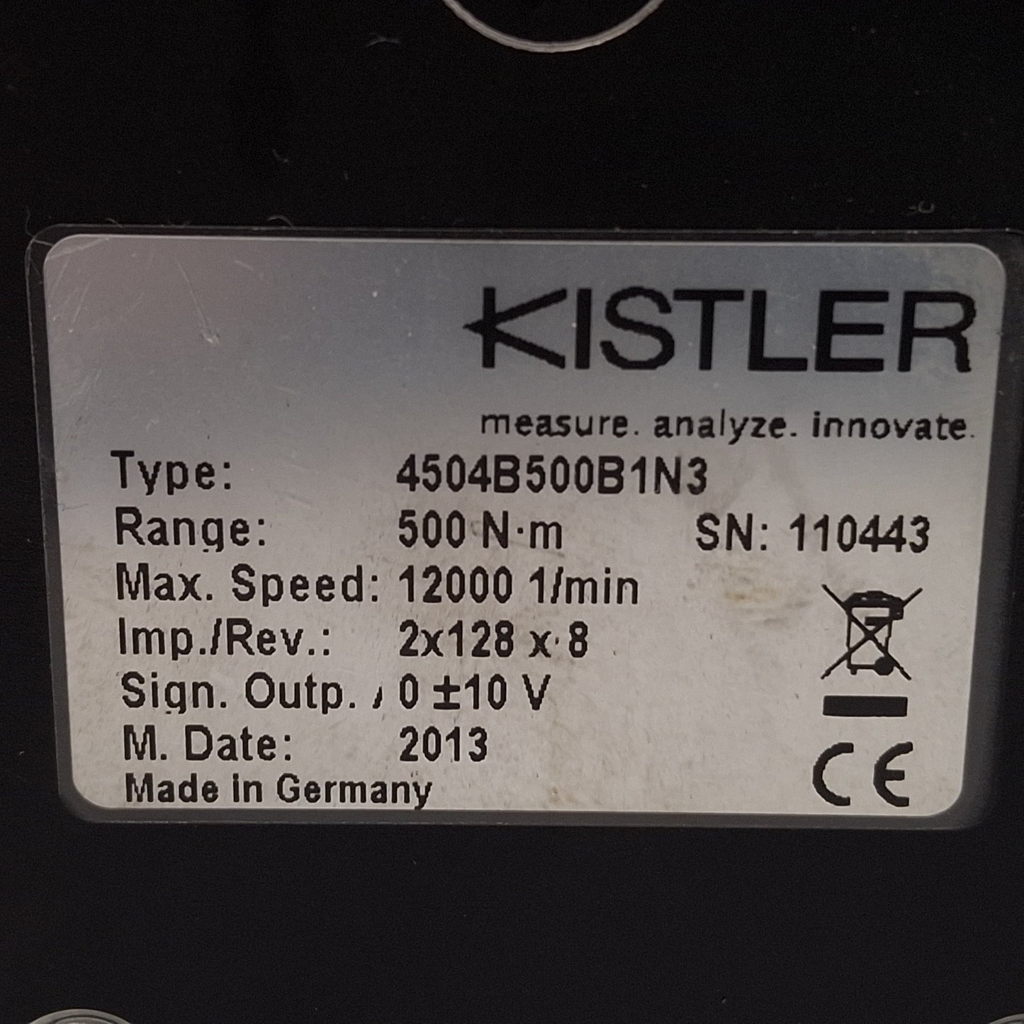 Used Kistler 4504B500B1N3 Torque Measuring Flange, 500Nm, 2x1024ppr, ±10VDC Output