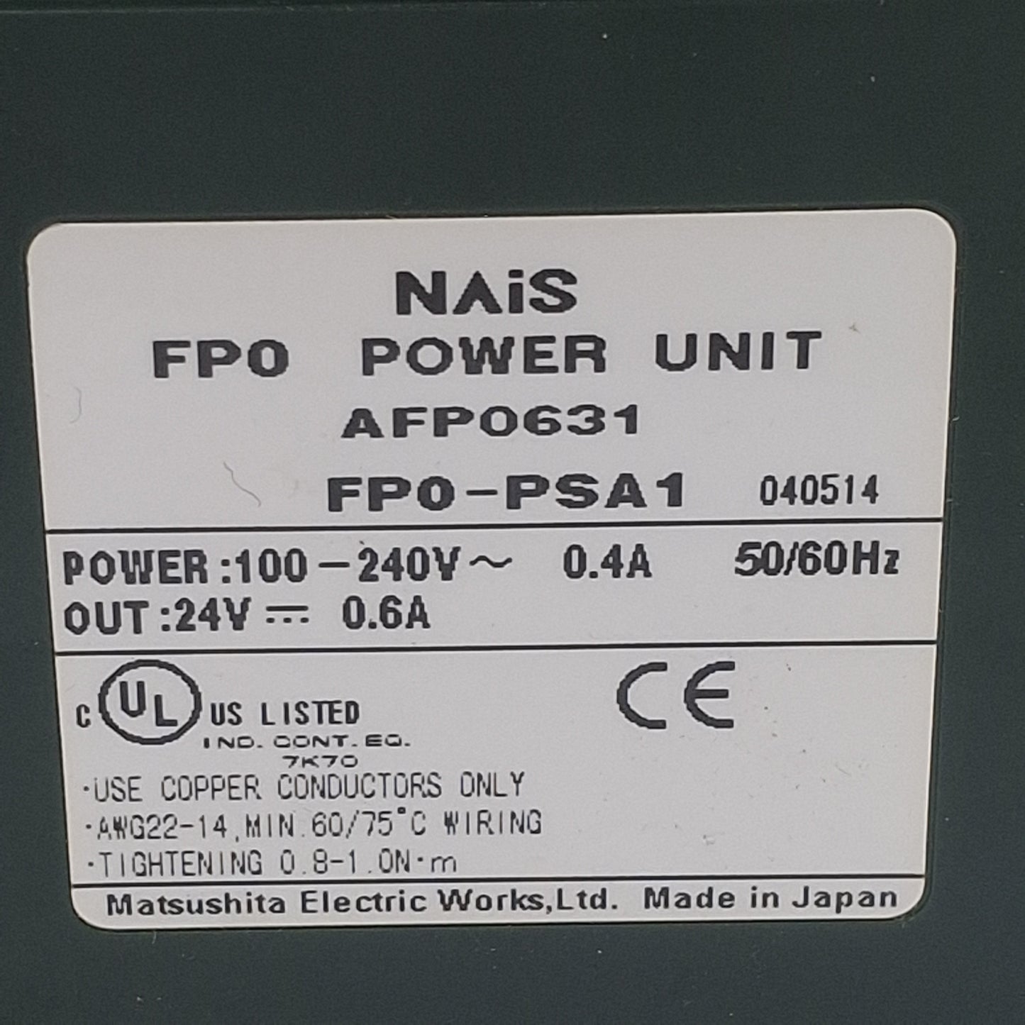 Used Nais FP0-PSA1 Power Supply Unit, 100-240VAC In, 0.6A 24VDC Out, DIN Rail