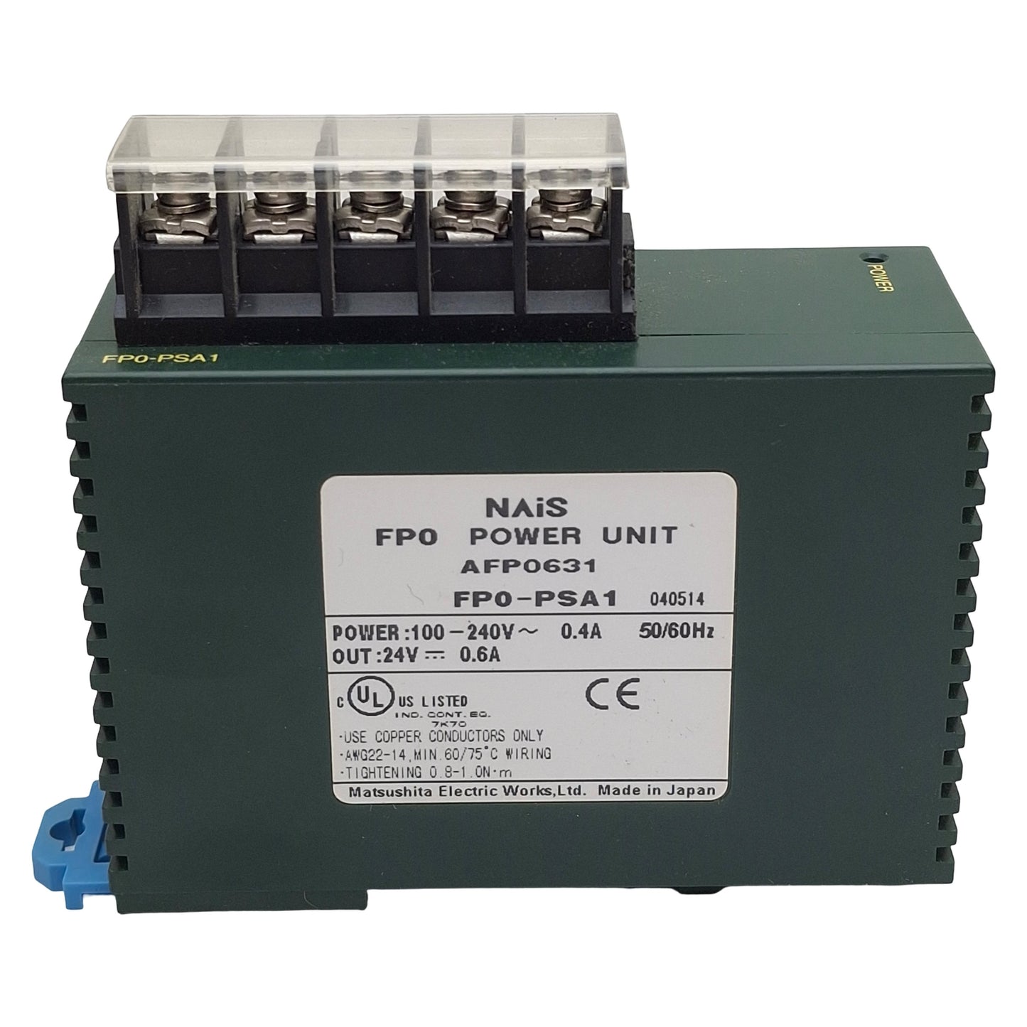 Used Nais FP0-PSA1 Power Supply Unit, 100-240VAC In, 0.6A 24VDC Out, DIN Rail