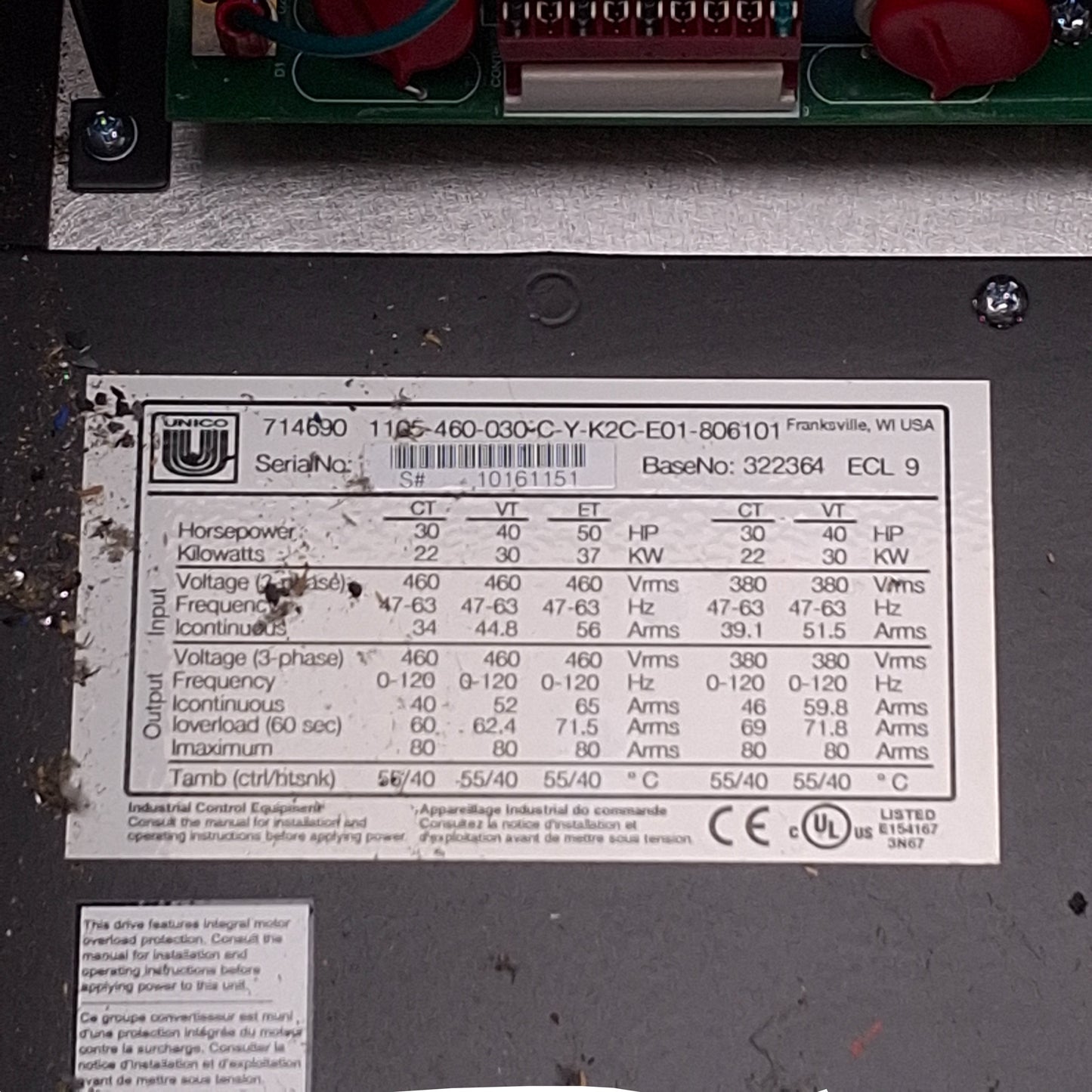 Used Unico 1105-460-030-C-Y-K2C-E01-806101 Flux Vector Drive, 460VAC, 30HP Constant