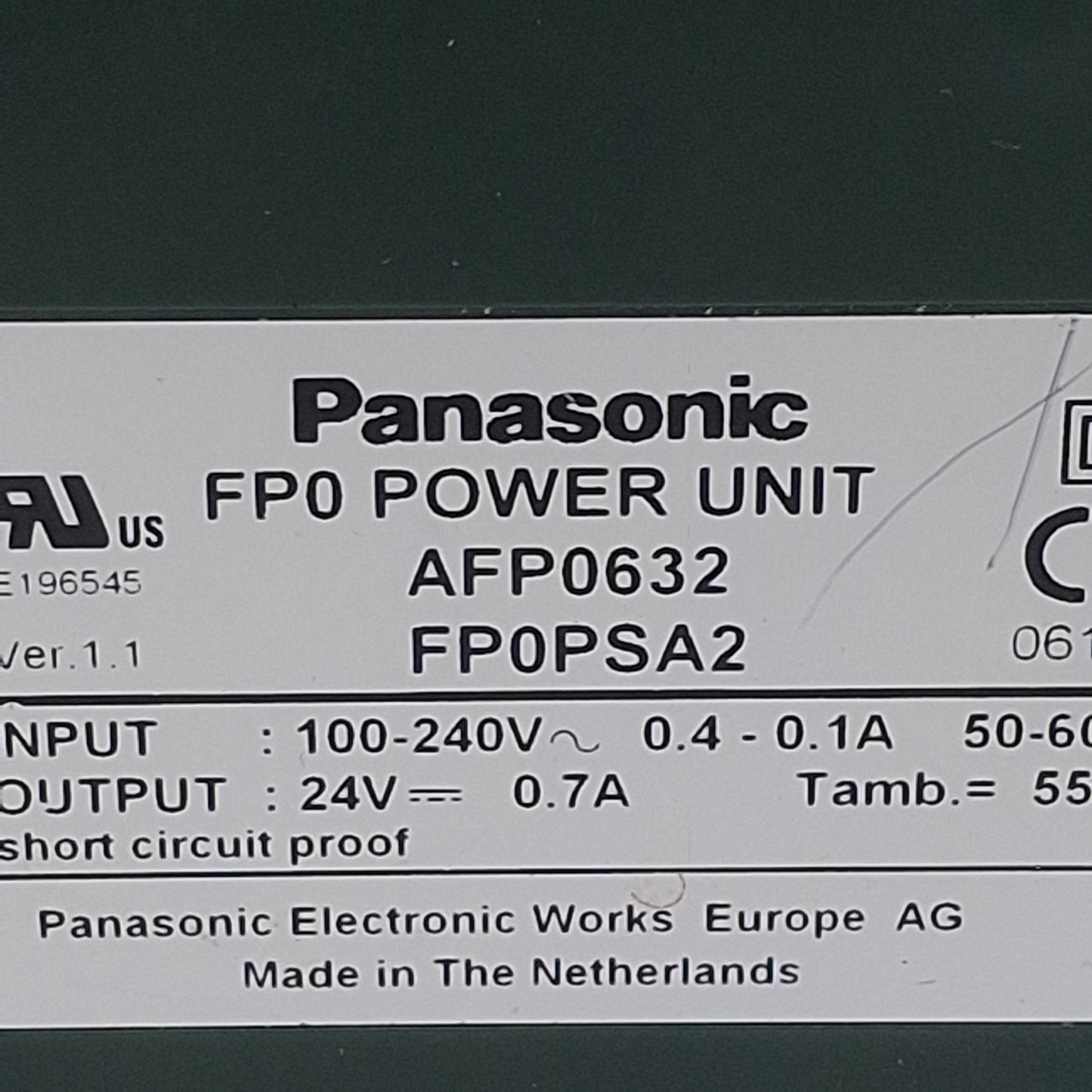 Used Panasonic FP0PSA2 Power Supply Unit, 100-240VAC In, 0.7A 24VDC Out, DIN Rail