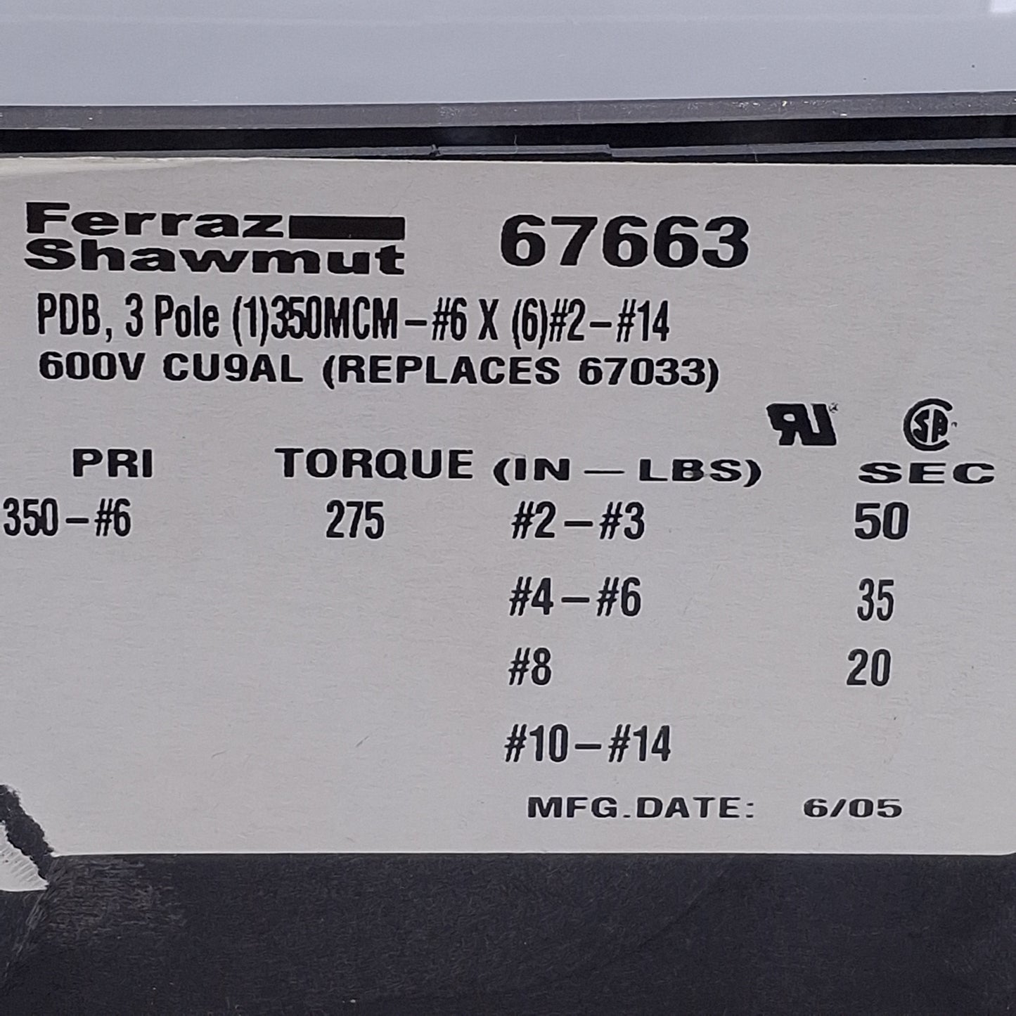 Used Ferraz Shawmut 67663 Power Distribution Block 3-Pole, 600VAC, 310A, #6 AWG