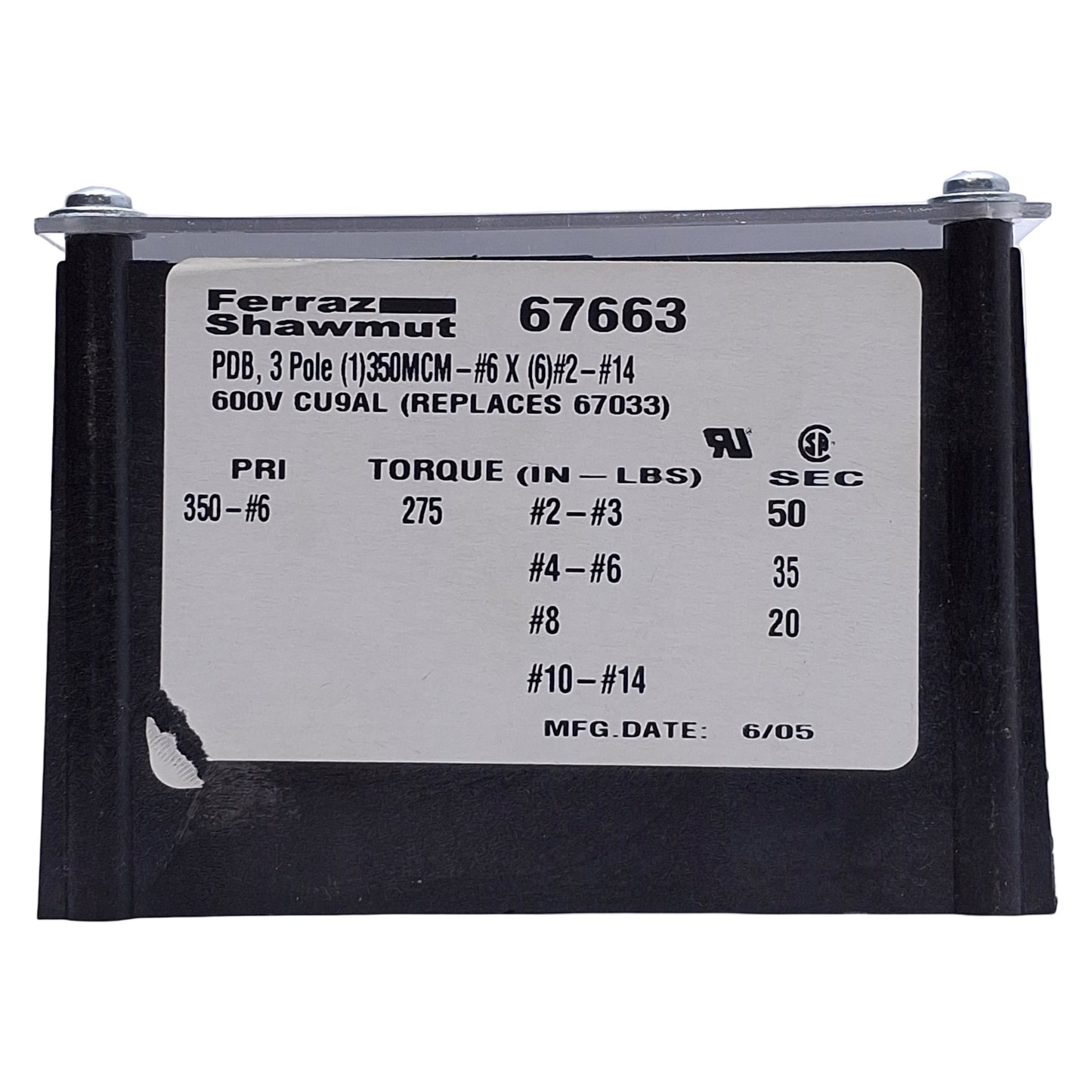 Used Ferraz Shawmut 67663 Power Distribution Block 3-Pole, 600VAC, 310A, #6 AWG