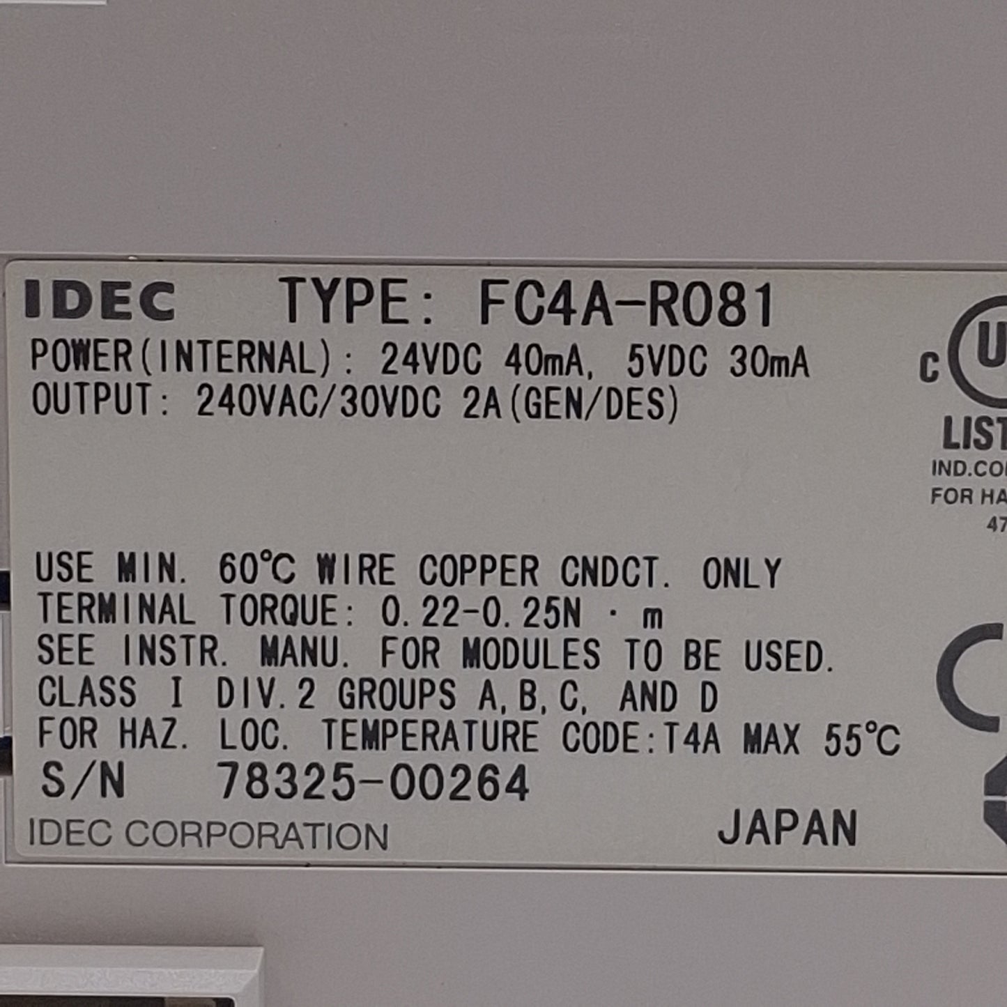 Used Idec FC4A-R081 Output Module For MicroSmart PLC, 8-Point, 240VAC/30VDC 2A