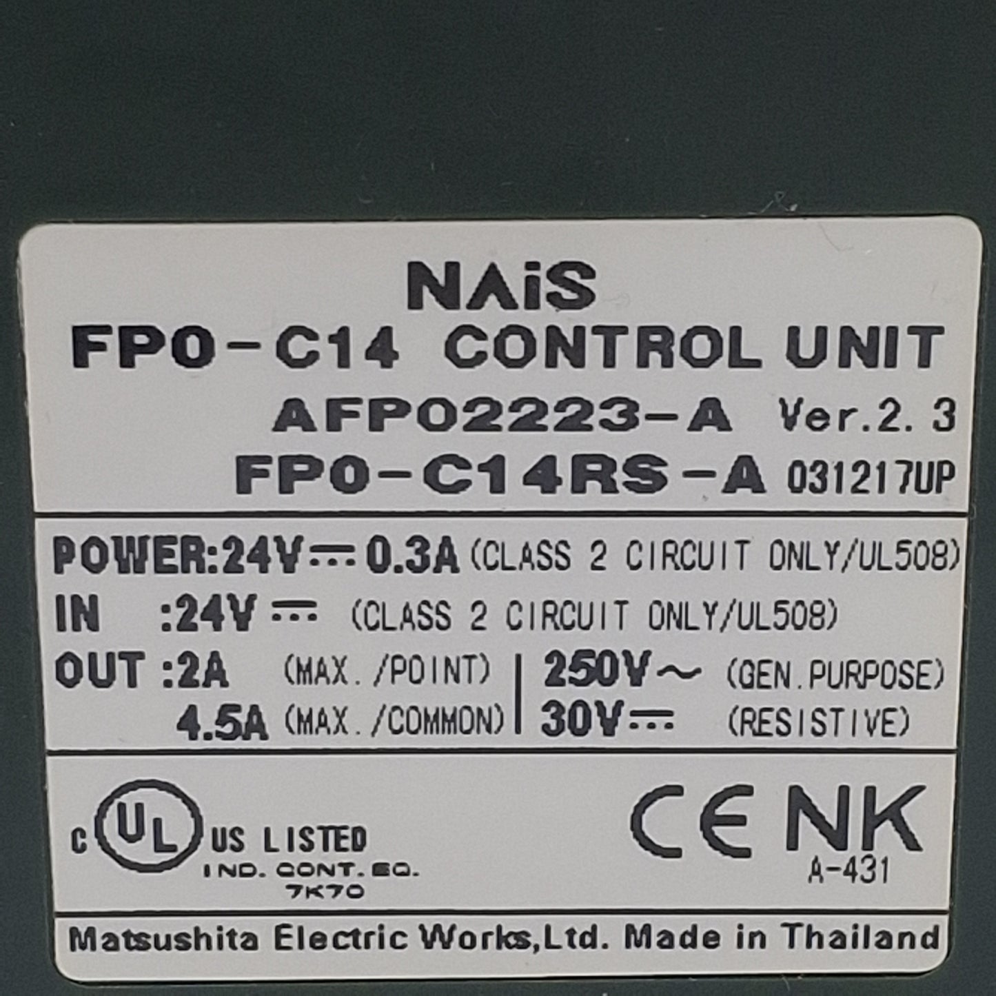 Used NAIS FP0-C14RS-A Control Unit, SPST-NO, 24VDC 0.3A In, 2/4.5A 250VAC/30VDC Out