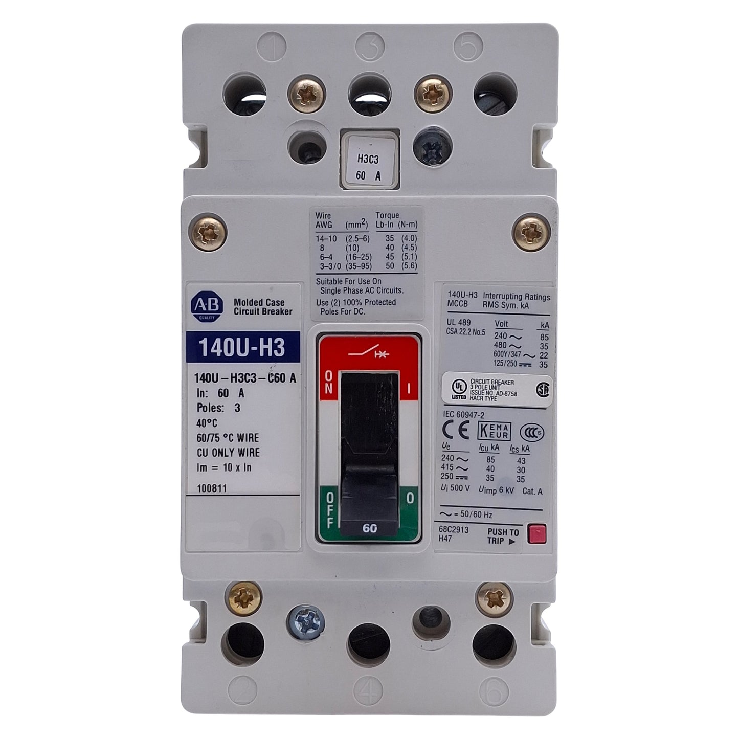 Used Allen Bradley 140U-H3C3-C60 Circuit Breaker 3-Pole, 60A, 240/600VAC Voltage