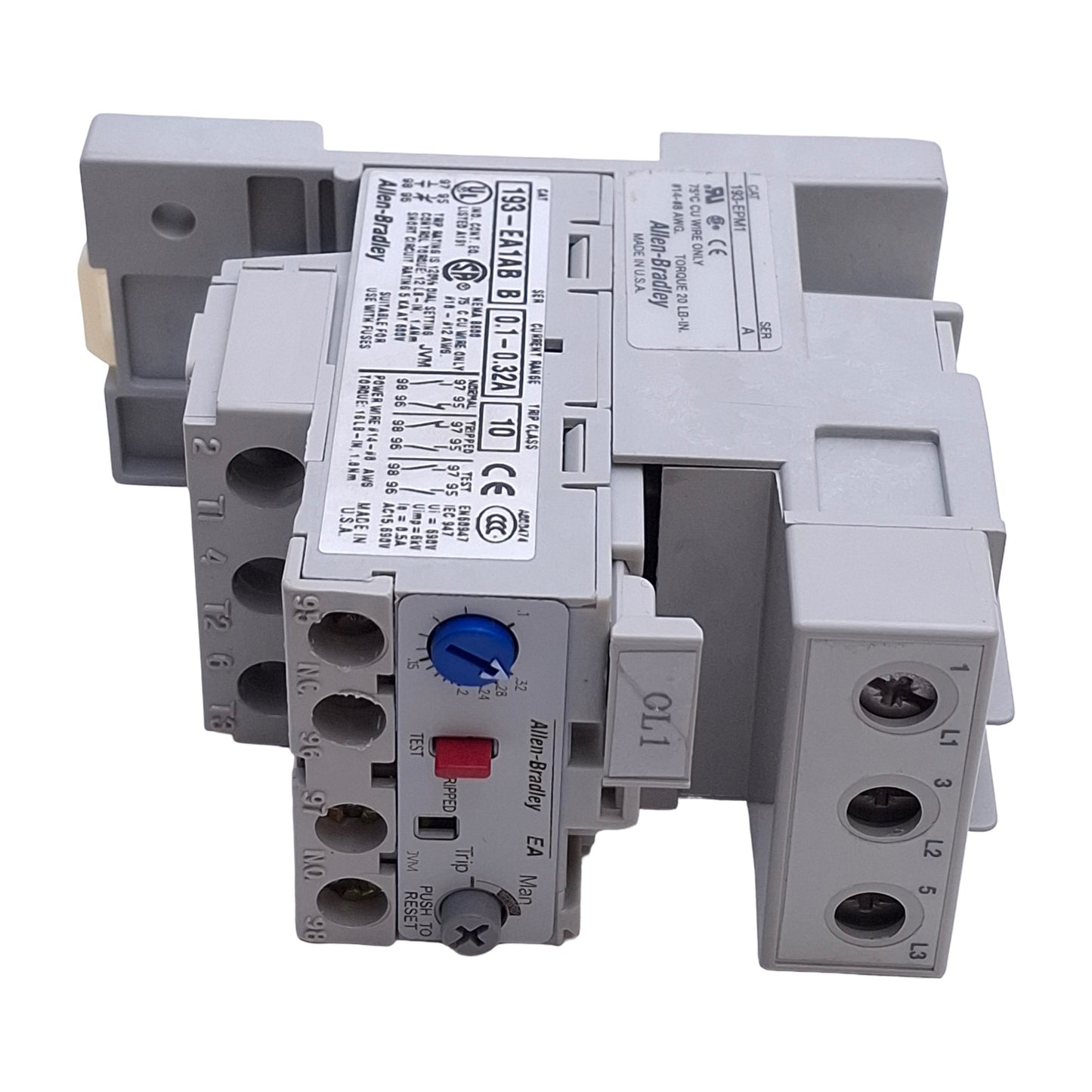 Used Allen Bradley 193-EA1AB Overload Relay w/ Mount, 0.1A to 0.32A, 3-Pole 1NO&1NC