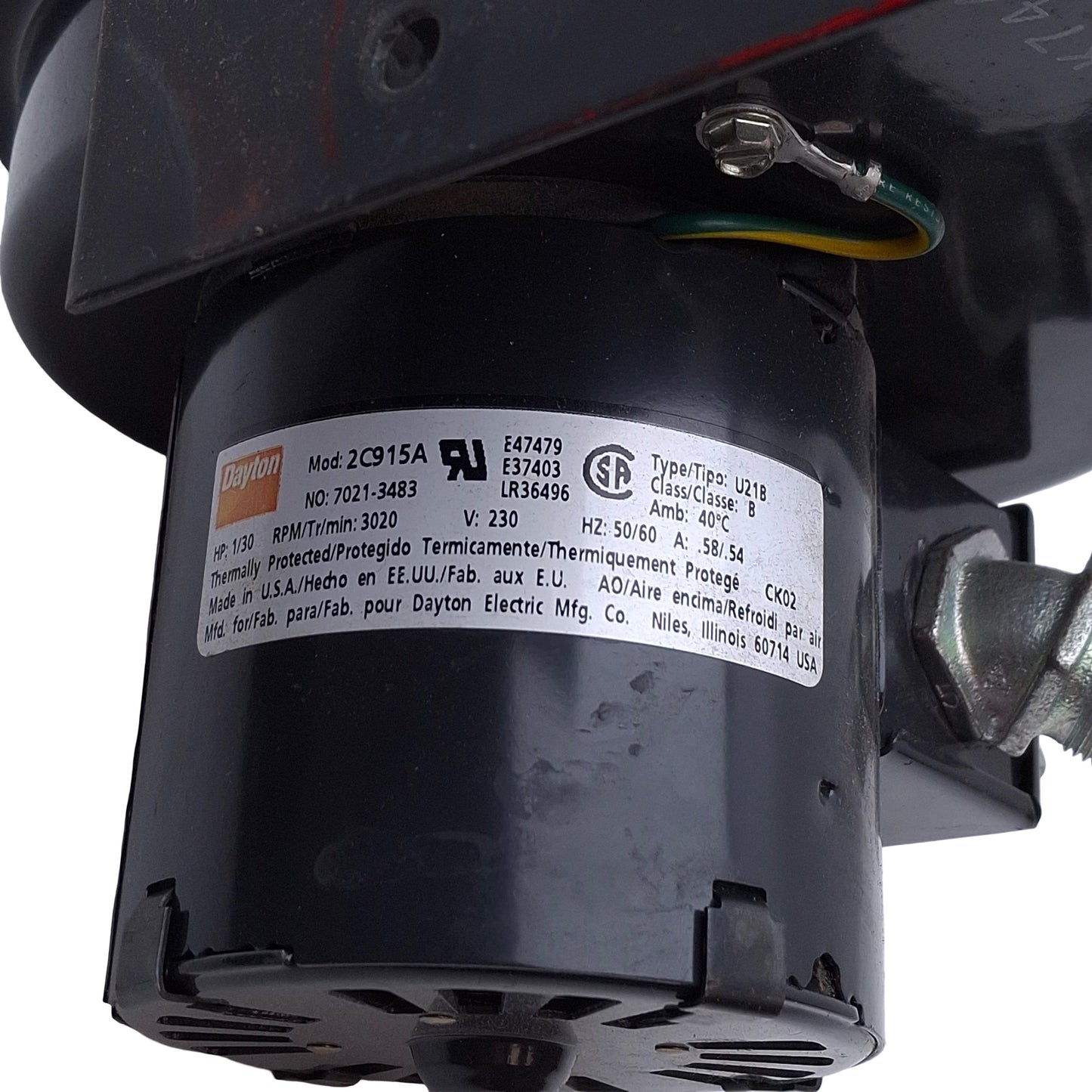 Used Dayton 2C915A Shaded Pole Blower, 140CFM, 3020RPM, 230VAC, 2.5in x 2.5in Outlet