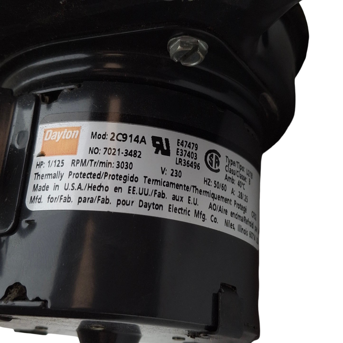 Used Dayton 2C914A Direct Drive Blower, 230VAC 1/125HP, 3030RPM, ø2.15in Outlet