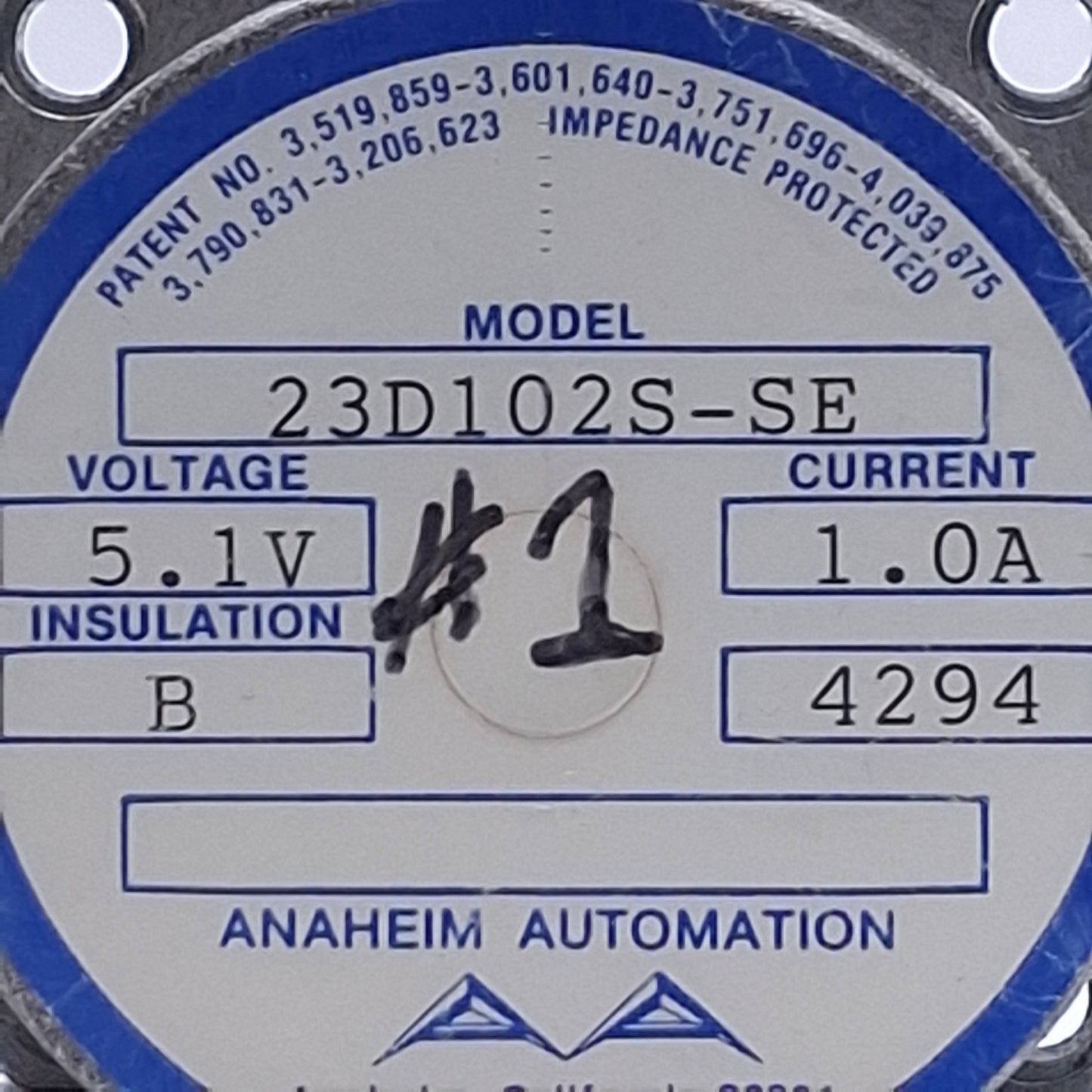Used Anaheim Automation 23D102S-SE Stepper Motor ø0.25in, 5.1VDC 1A, NEMA 23