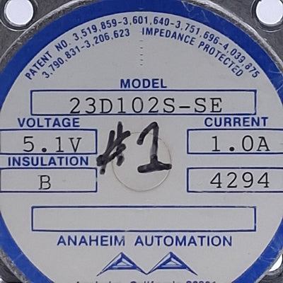Used Anaheim Automation 23D102S-SE Stepper Motor ø0.25in, 5.1VDC 1A, NEMA 23