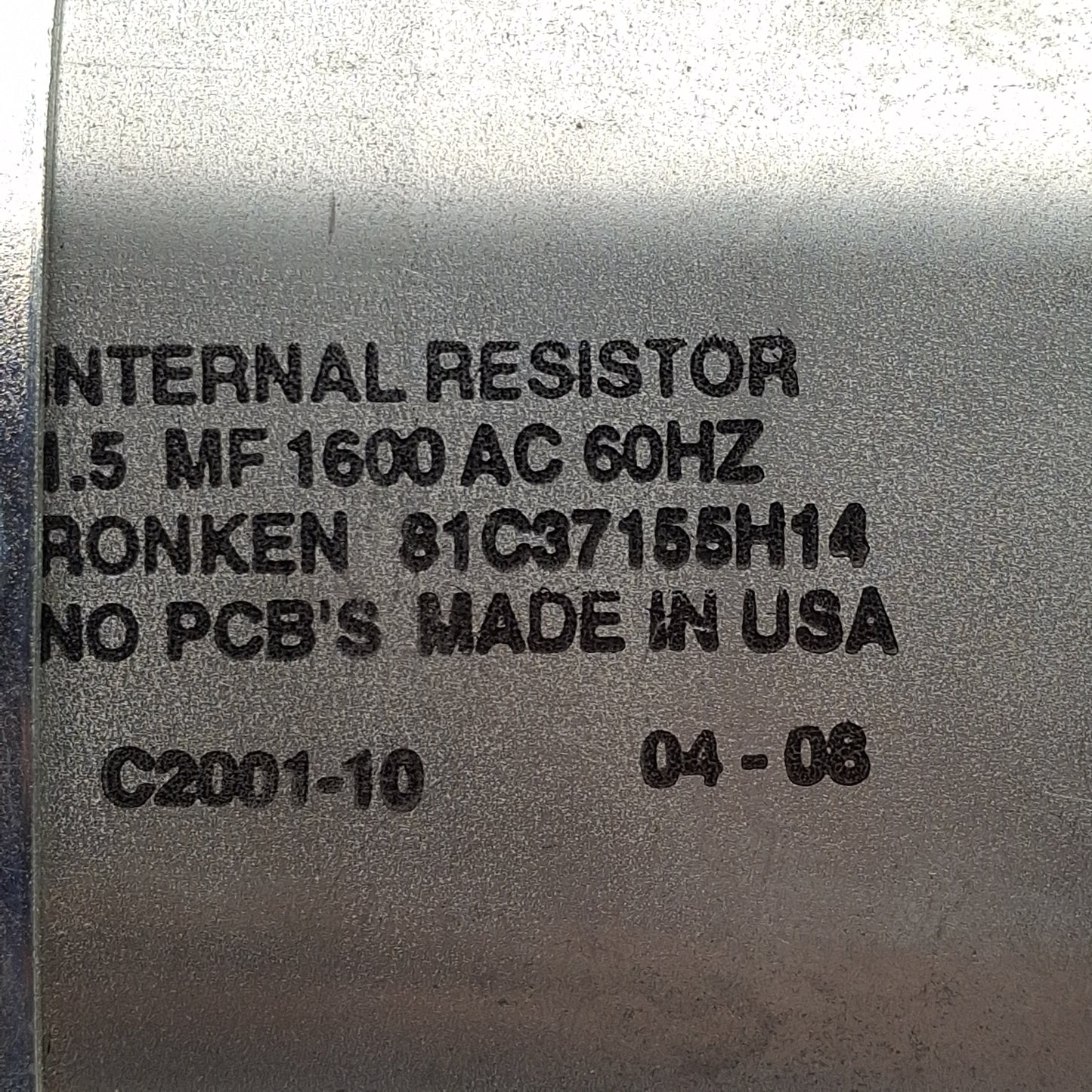 Used Ronken 81C37155H14 Film-Paper Capacitor, 1.5MF, 1600VAC 60Hz, Spade Terminals