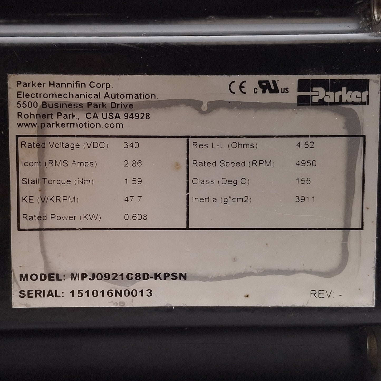 Used Parker MPJ0921C8D-KPSN Servo Motor, 0.608kW, 230VAC, ø16mm Shaft, 3.5in Flange
