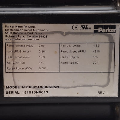 Used Parker MPJ0921C8D-KPSN Servo Motor, 0.608kW, 230VAC, ø16mm Shaft, 3.5in Flange