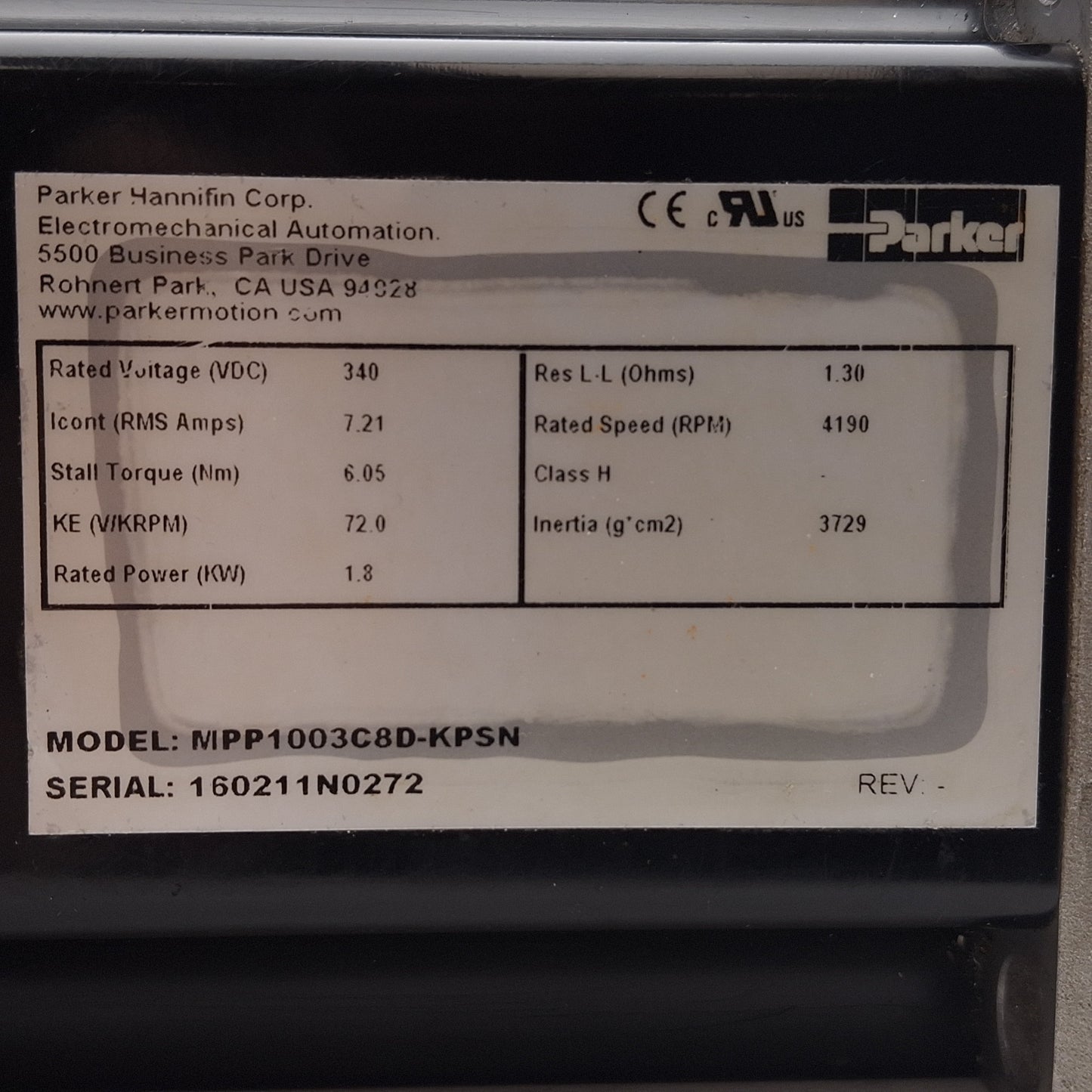 Used Parker MPP1003C8D-KPSN Servo Motor, 1.8kW, 230VAC, ø3/4in Shaft, 3.85in Flange