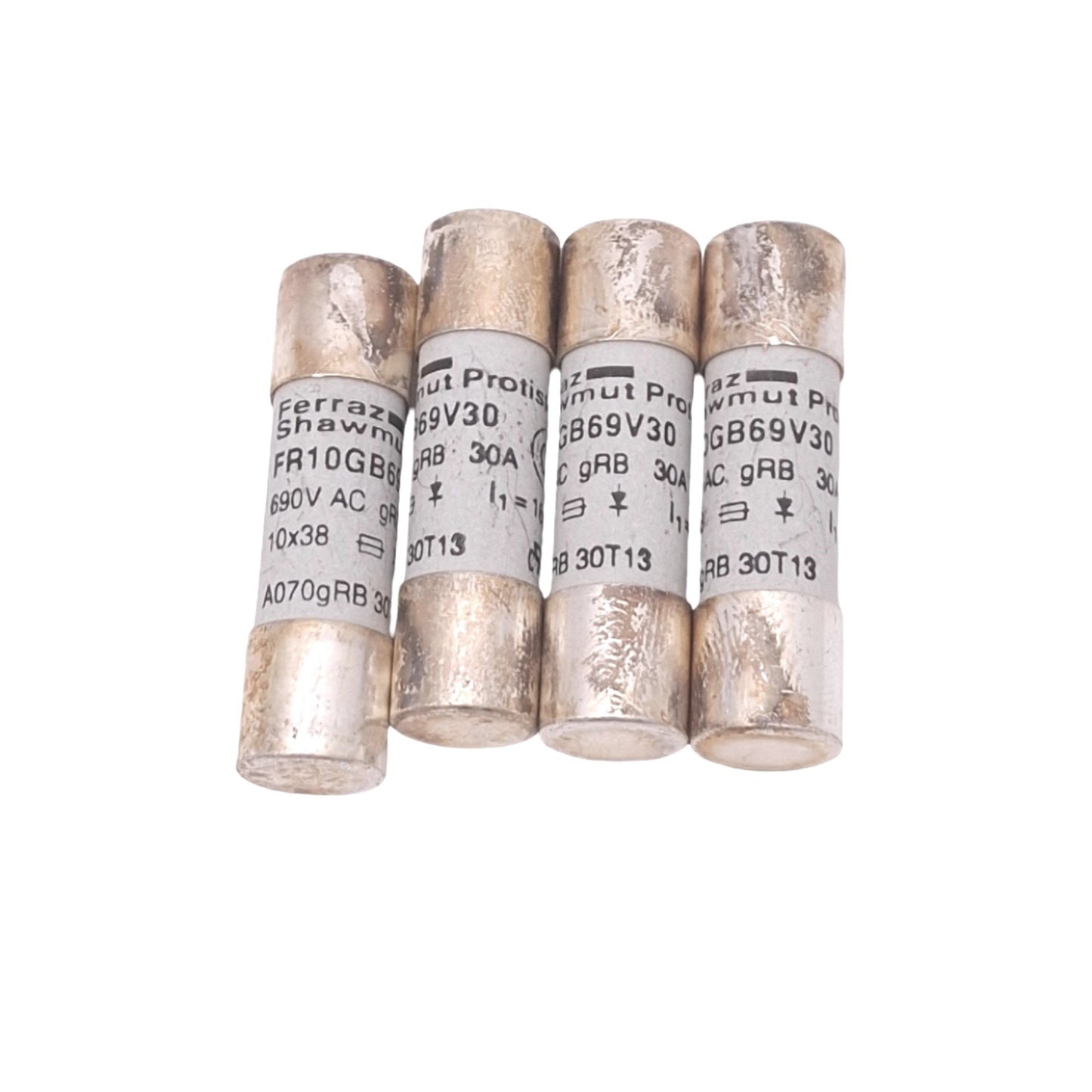 Used Lot of 4 Ferraz Shawmut FR10GB69V30 Protistor Fuses, 30A 690VAC, 10x38mm