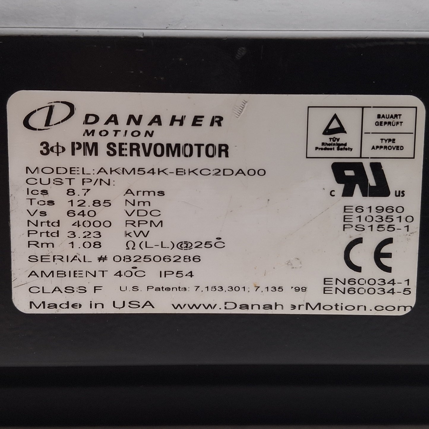 Used Danaher Motion AKM54K-BKC2DA00 Servo Motor, 3.23kW, 480VAC, 24VDC Brake, NEMA 34