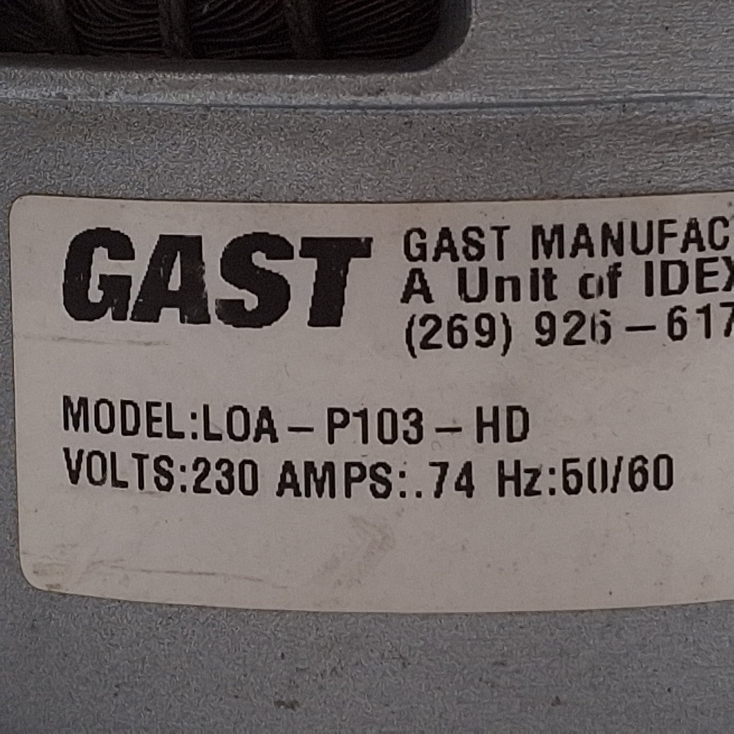 Used Gast LOA-P103-HD Miniature Rocking Piston Vacuum Pump, 26inHg-100psi, 230VAC