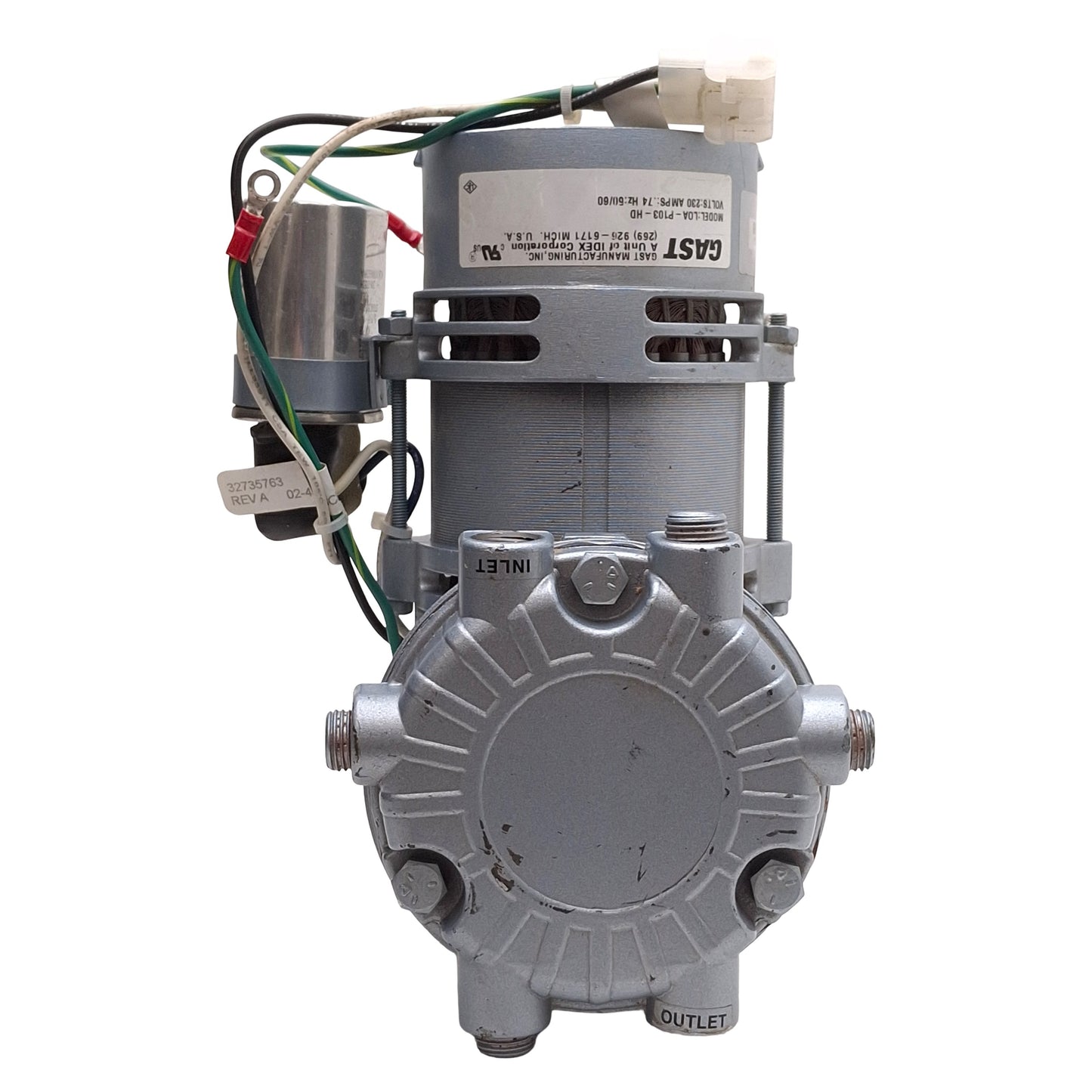 Used Gast LOA-P103-HD Miniature Rocking Piston Vacuum Pump, 26inHg-100psi, 230VAC