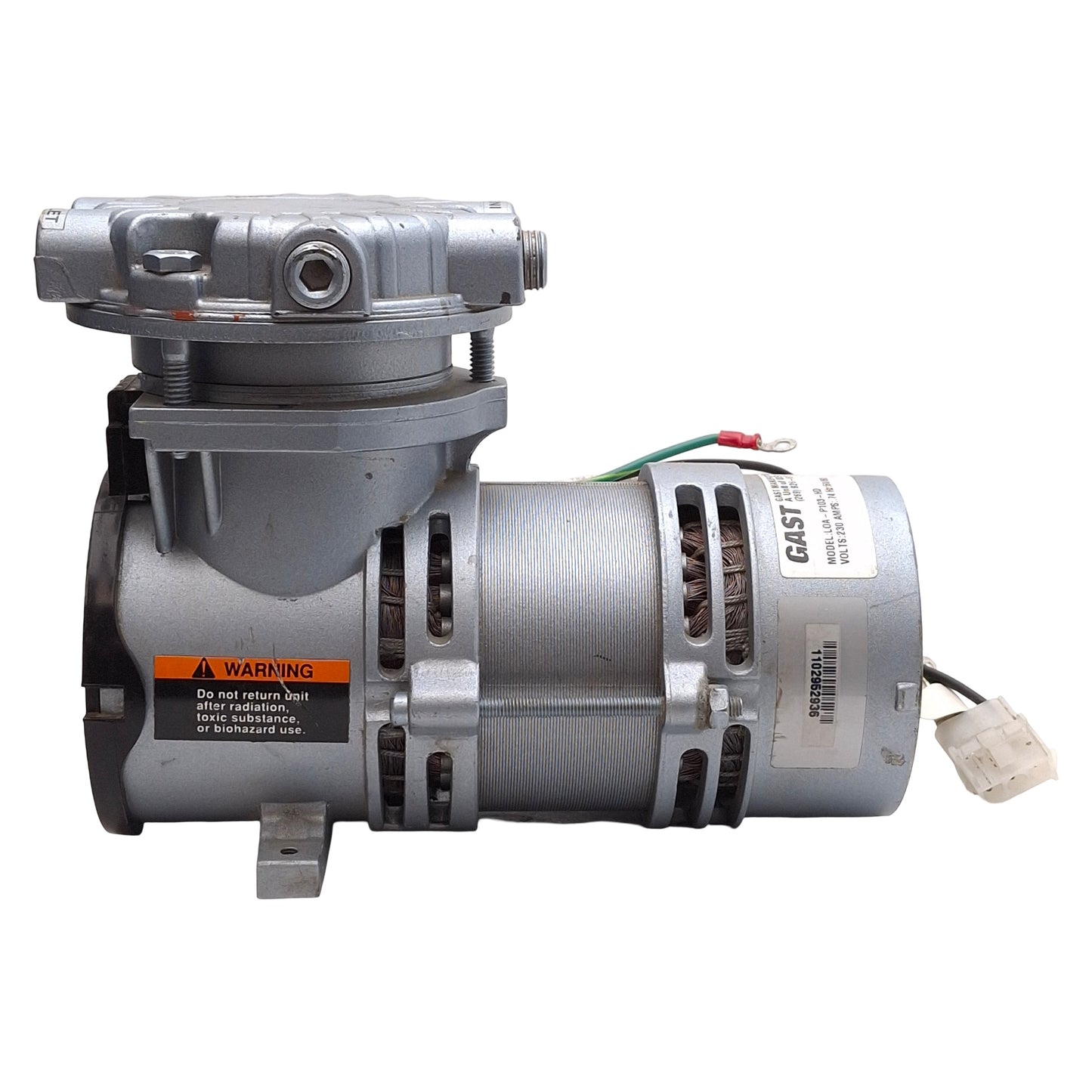 Used Gast LOA-P103-HD Miniature Rocking Piston Vacuum Pump, 26inHg-100psi, 230VAC